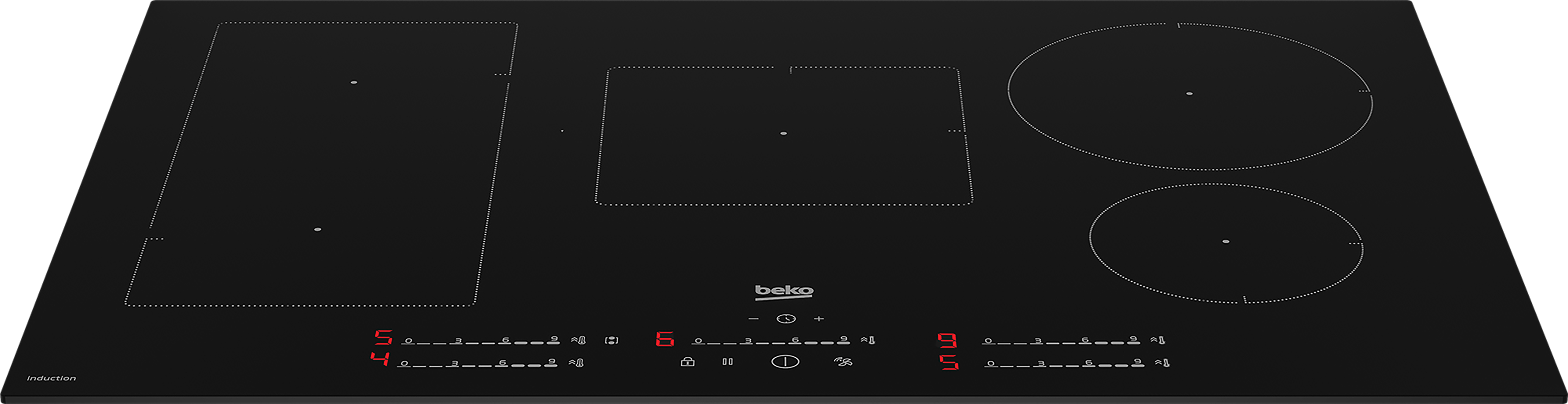 Czarna płyta indukcyjna z dotykowymi elementami sterowania i wyświetlaczami cyfrowymi. Widoczne cztery pola grzewcze.