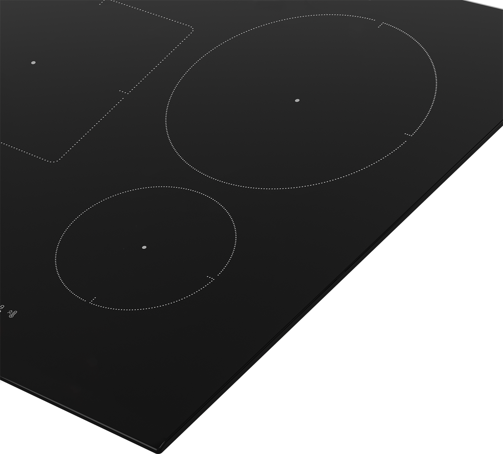 Czarna płyta grzewcza z trzema obrysami palników. Czarno-białe. Widok z boku.