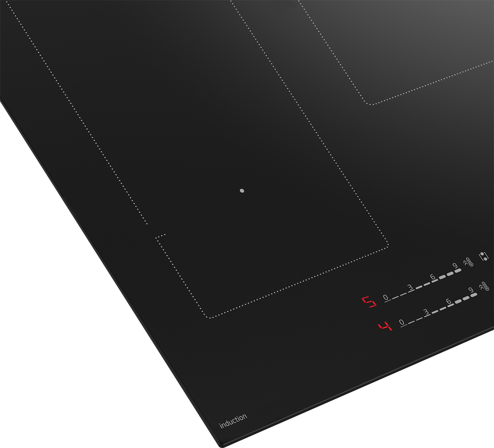 Czarna płyta indukcyjna z czerwonym wyświetlaczem cyfrowym. Widoczne są dwie strefy gotowania.
