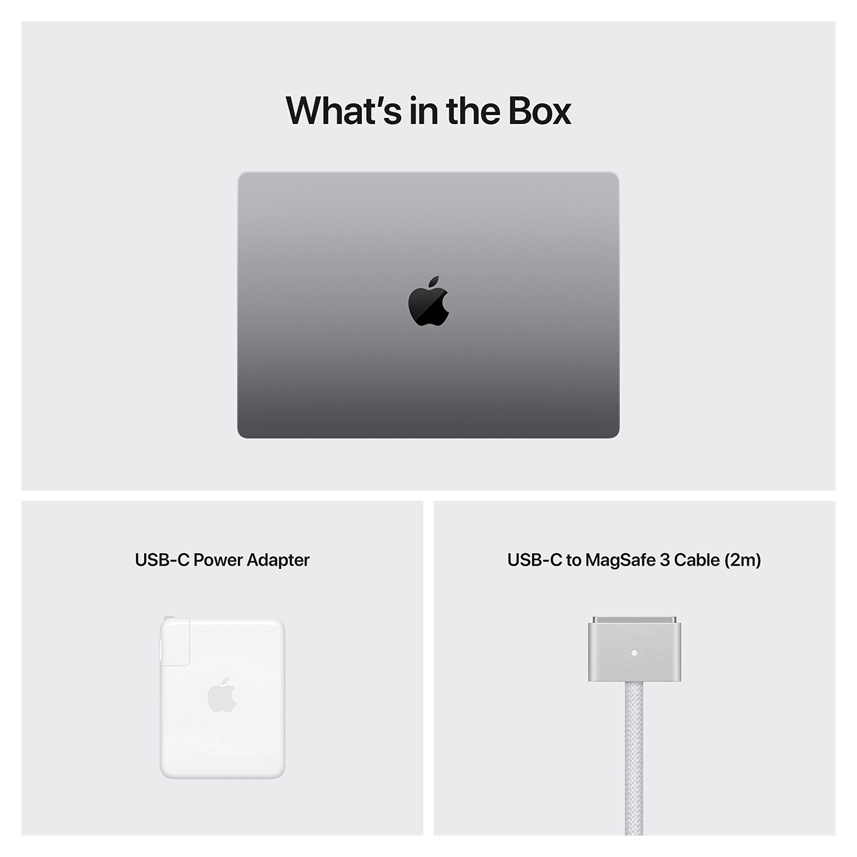 Apple Laptop, Netzteil und Ladekabel auf weißem Hintergrund angeordnet.