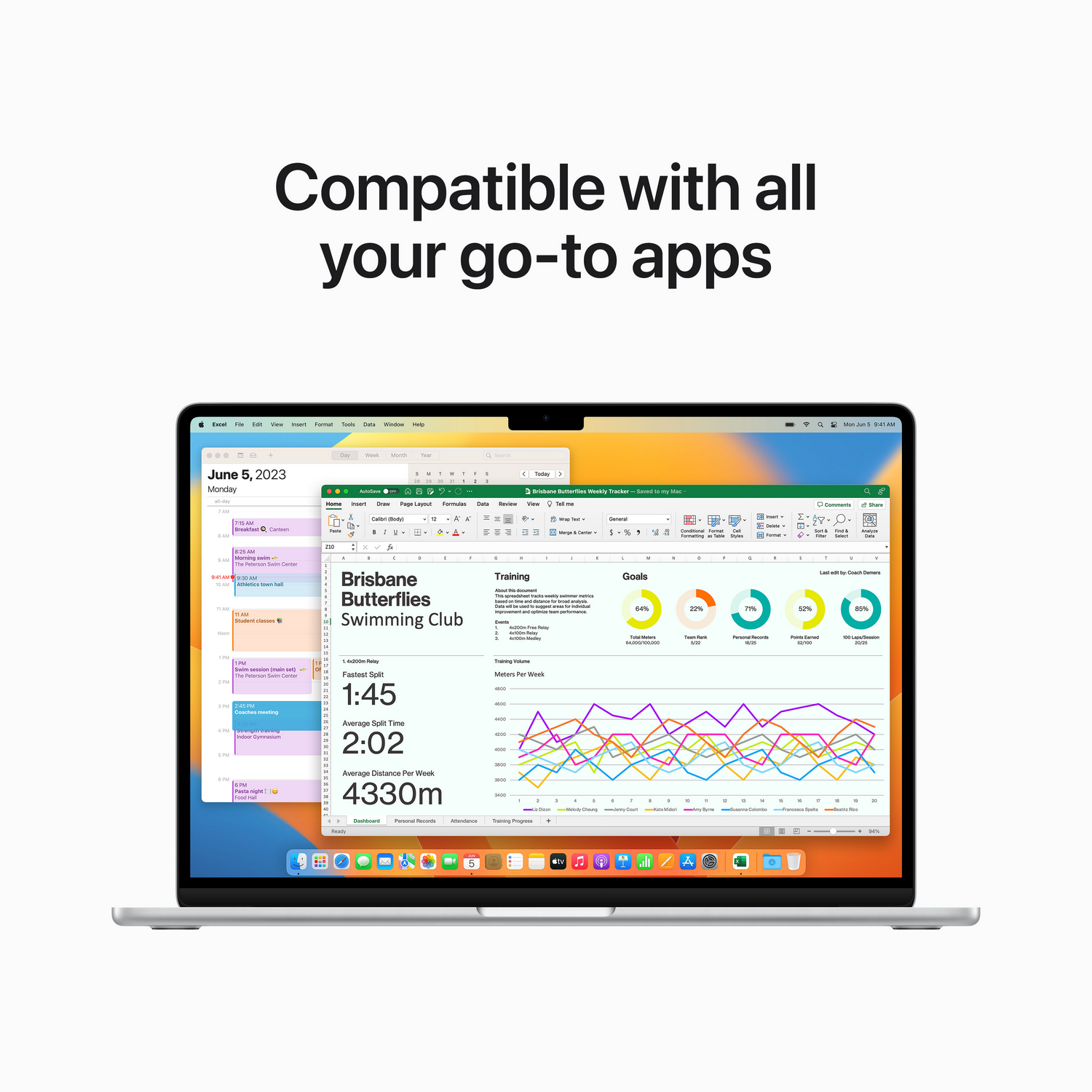 Un laptop che mostra un'app calendario, un grafico e altre icone.