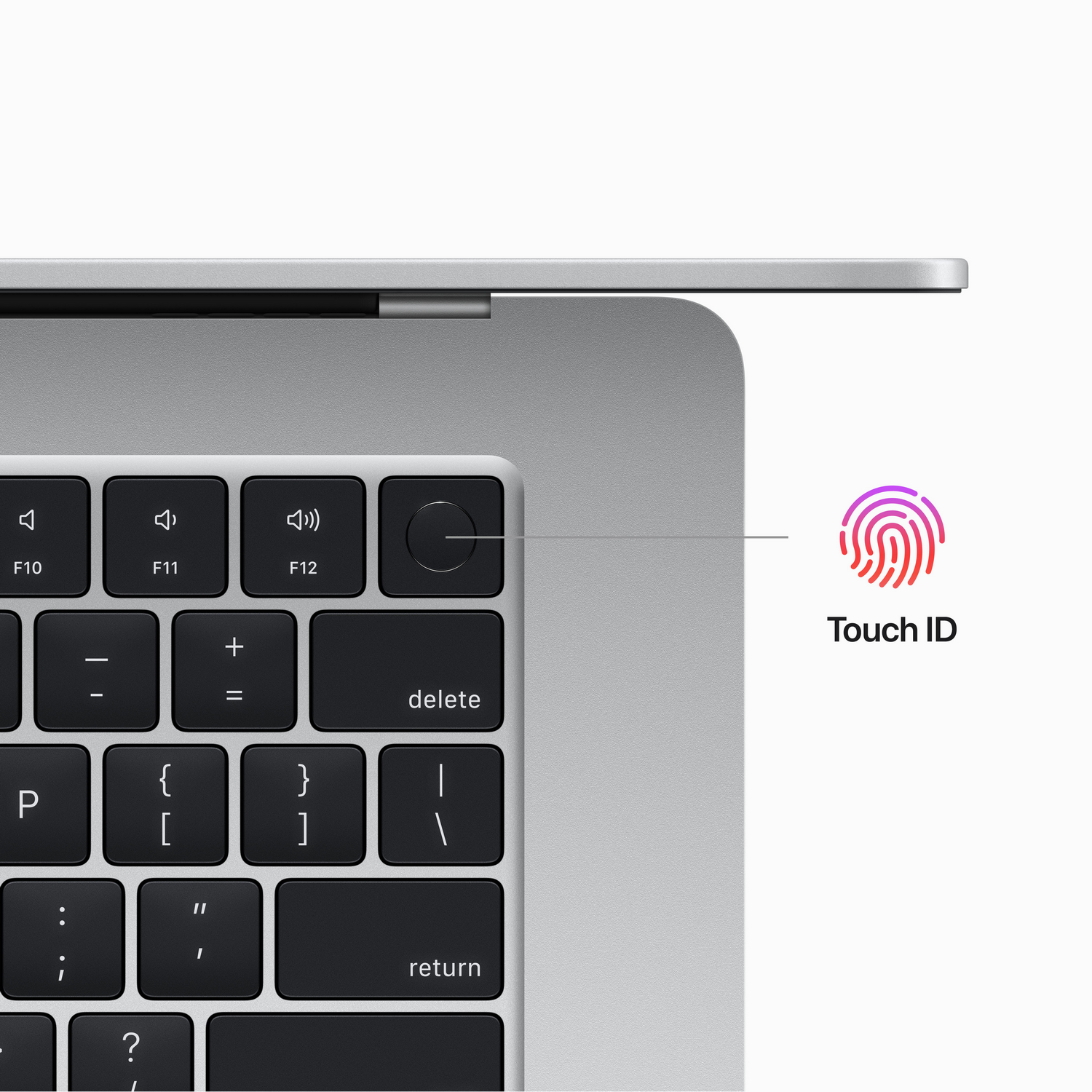 Tastiera del laptop con Touch ID per impronte digitali, vista da vicino.