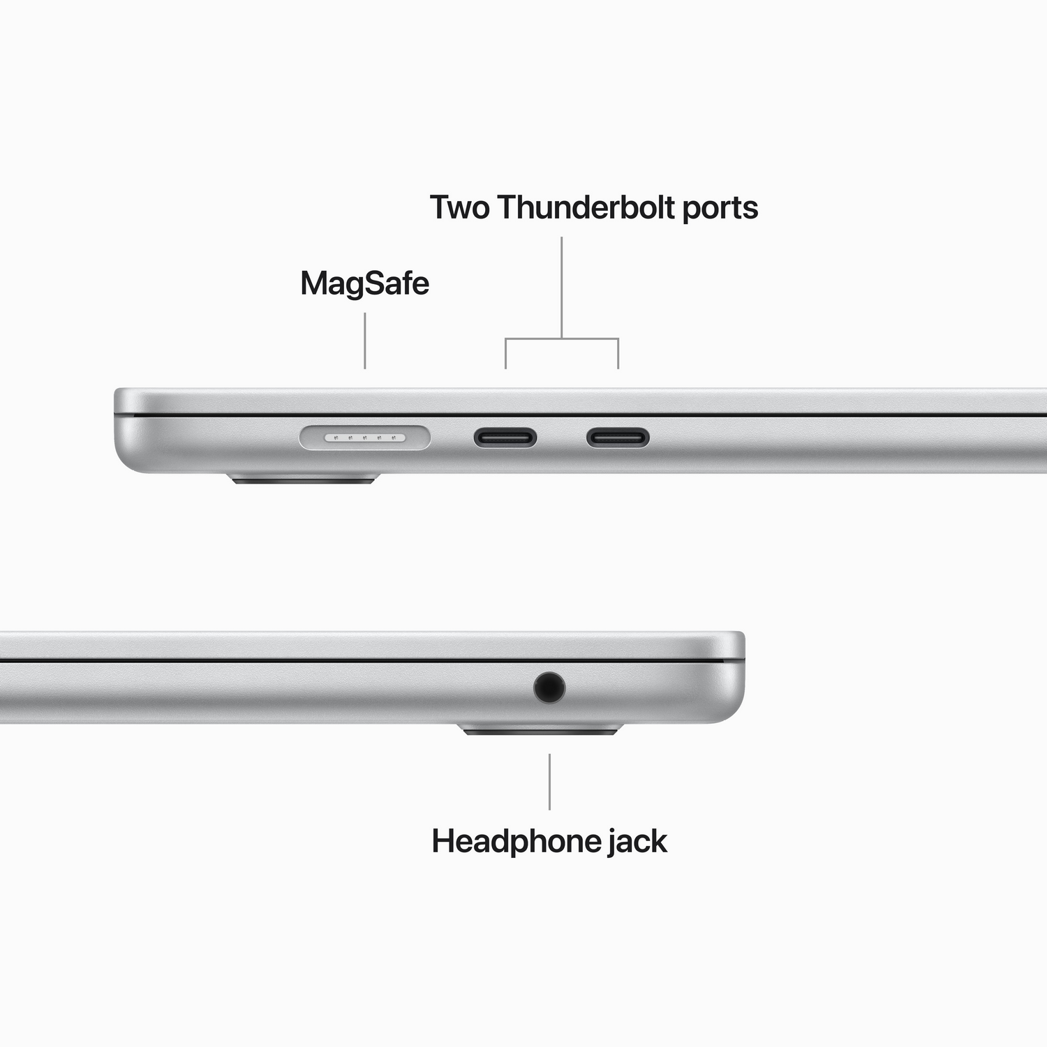 Profilo laterale del laptop che mostra MagSafe, porte Thunderbolt e jack per cuffie.
