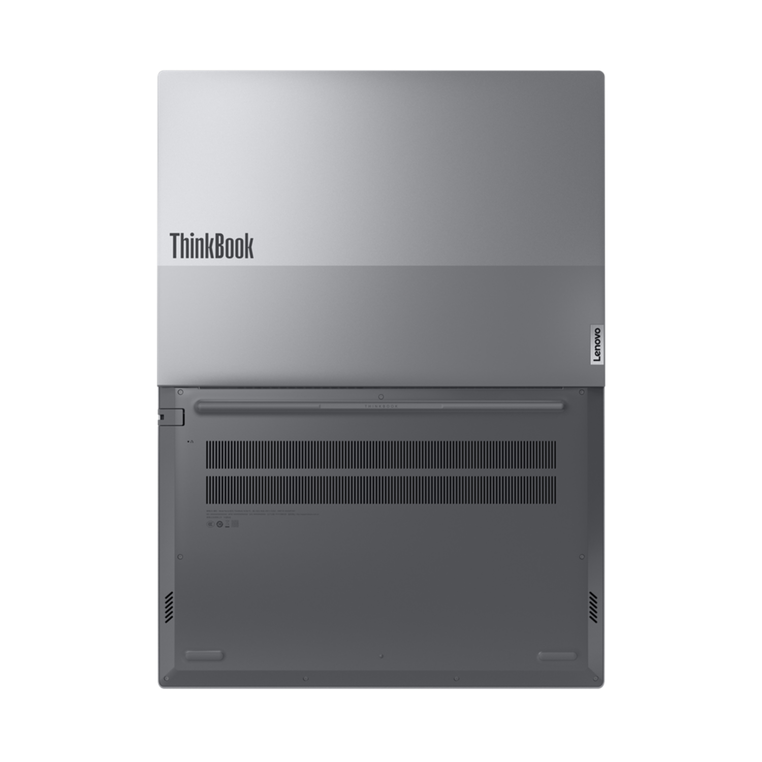 Laptop ThinkBook, widok z góry i z dołu, marka ThinkBook i Lenovo, szary.