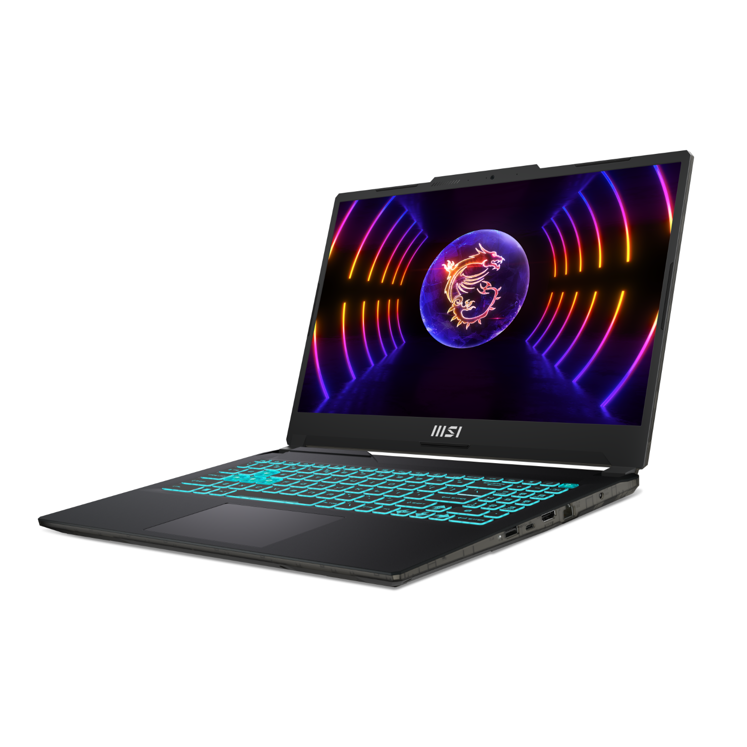 Zwarte laptop met een kleurrijk scherm. Zwarte achtergrond.