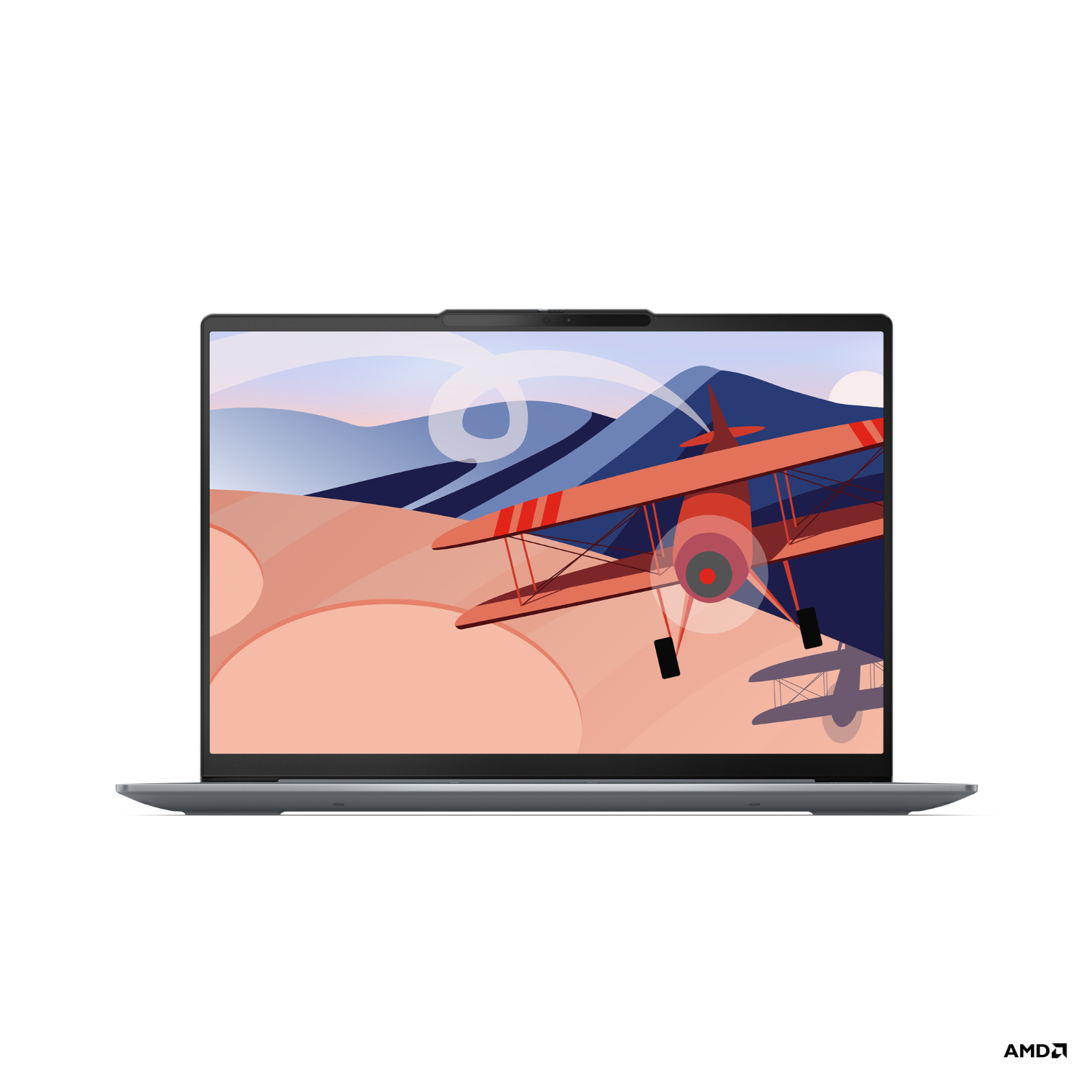 Un écran d'ordinateur portable affiche un biplan volant au-dessus d'un paysage désertique avec des montagnes, contre un ciel bleu.