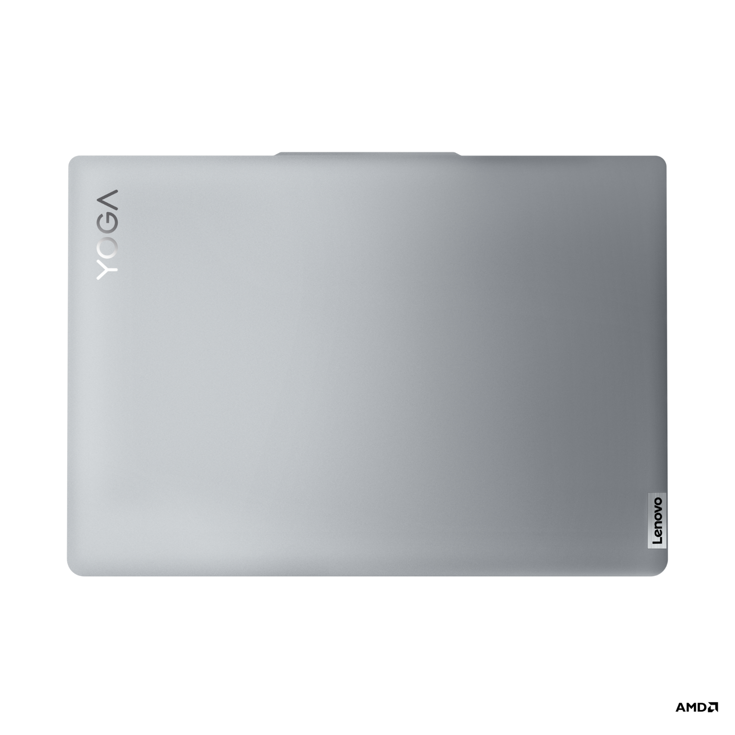 Ordinateur portable argenté vu de dessus, fermé. Logos Yoga et Lenovo visibles. Fond noir.