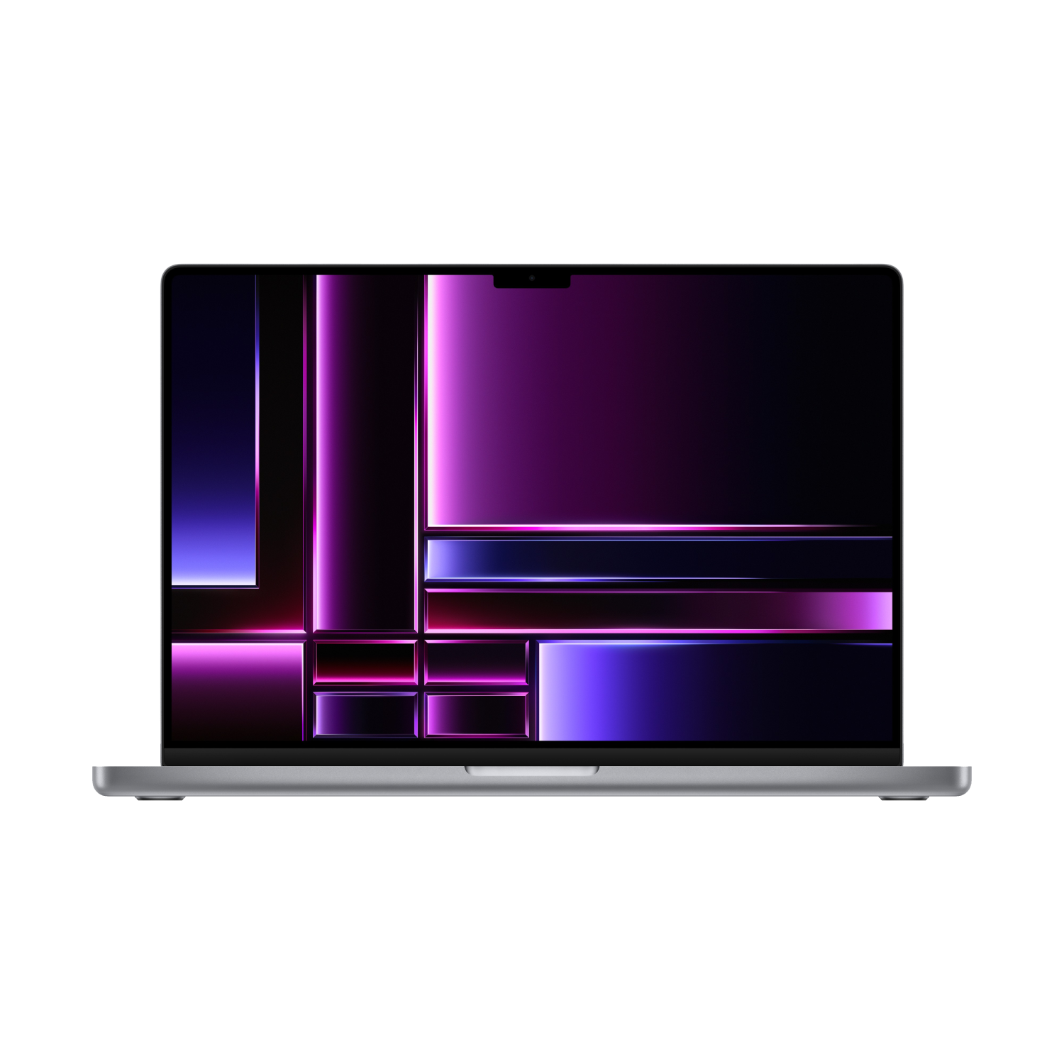 Laptop con schermo nero, elementi viola e blu astratti.