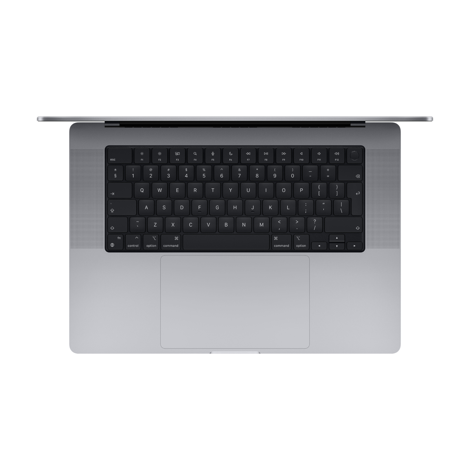 Draufsicht auf ein silbernes MacBook mit schwarzer Tastatur und Trackpad, offen.