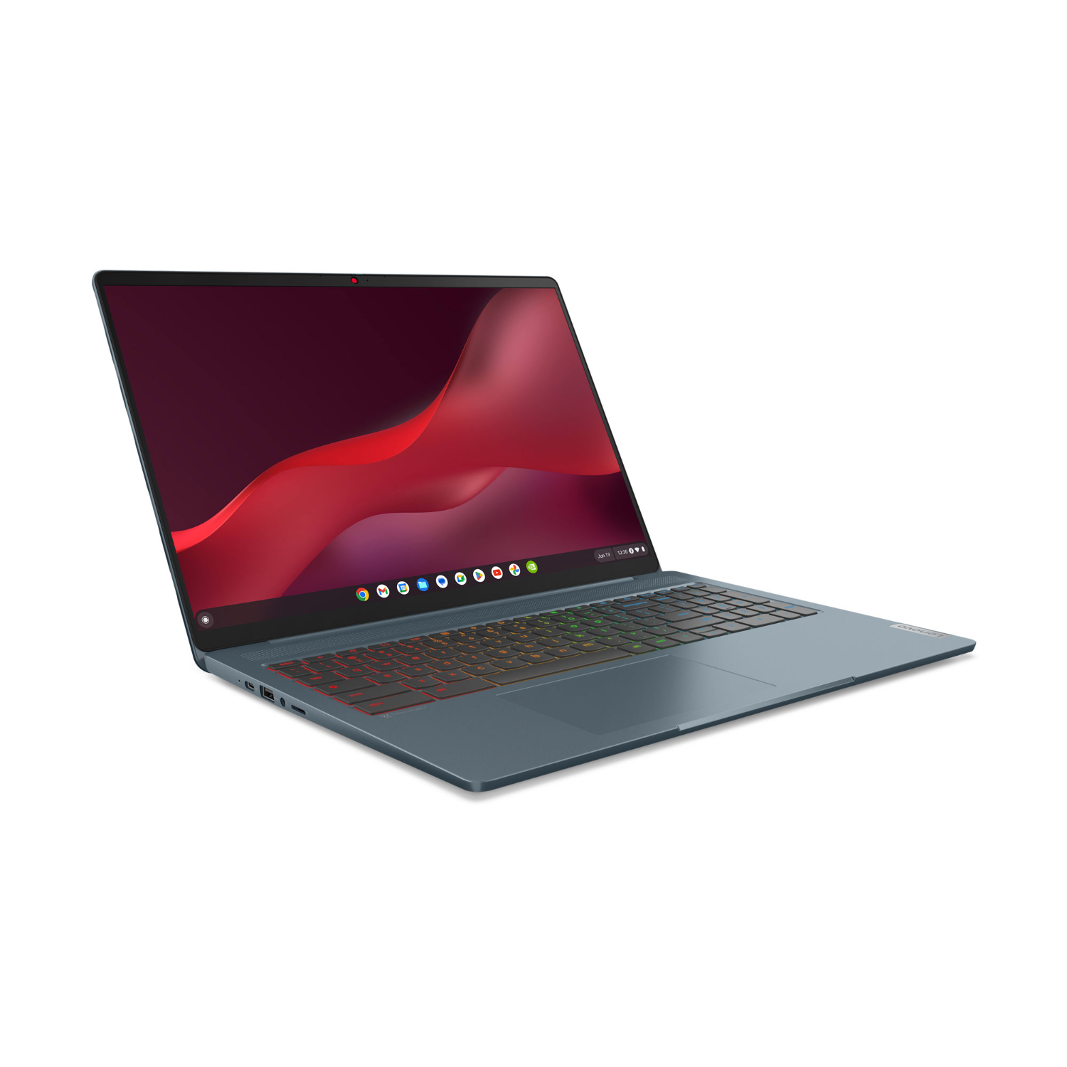 Blauwe laptop met een scherm met een rode en paarse achtergrond, met een kleurrijk toetsenbord.