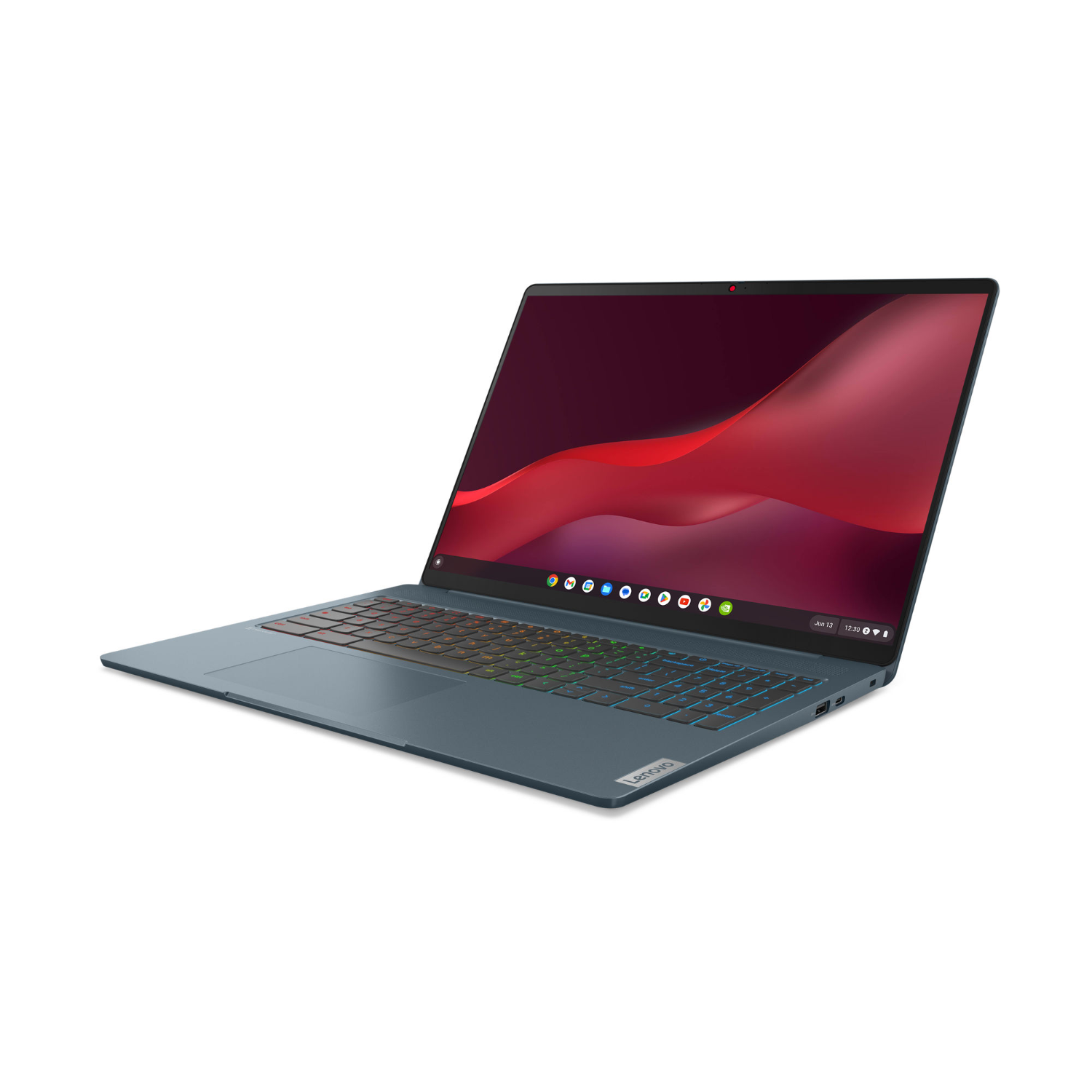 Blauwe laptop, schuine weergave, kleurrijk toetsenbord. Rood scherm met pictogrammen. Zwarte achtergrond.