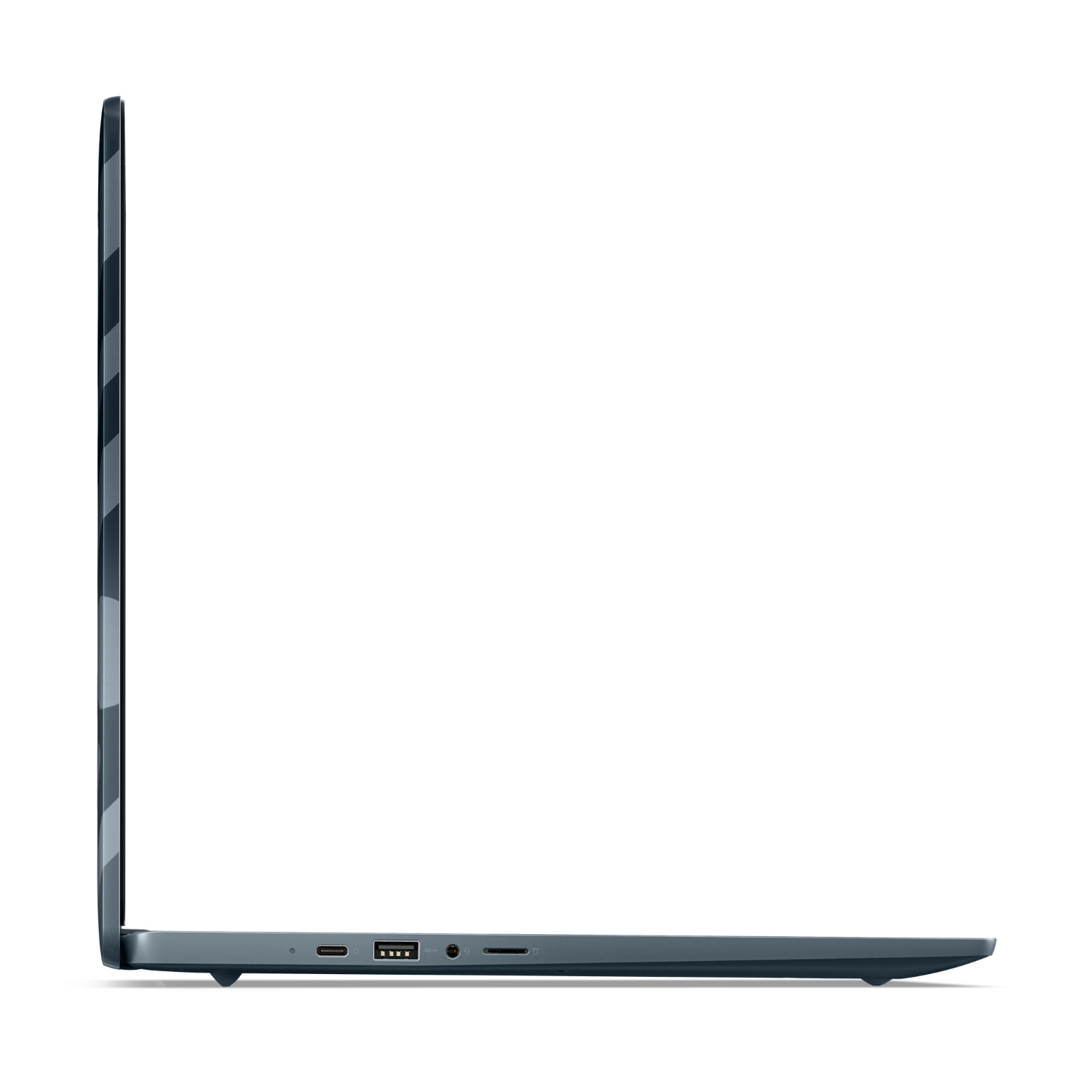 Zijaanzicht laptop, gesloten. Blauw en grijs kleurenschema.