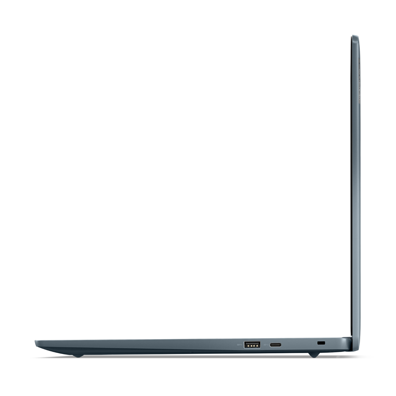 Zijaanzicht van een blauwe laptop op een zwarte achtergrond, met poorten en design.