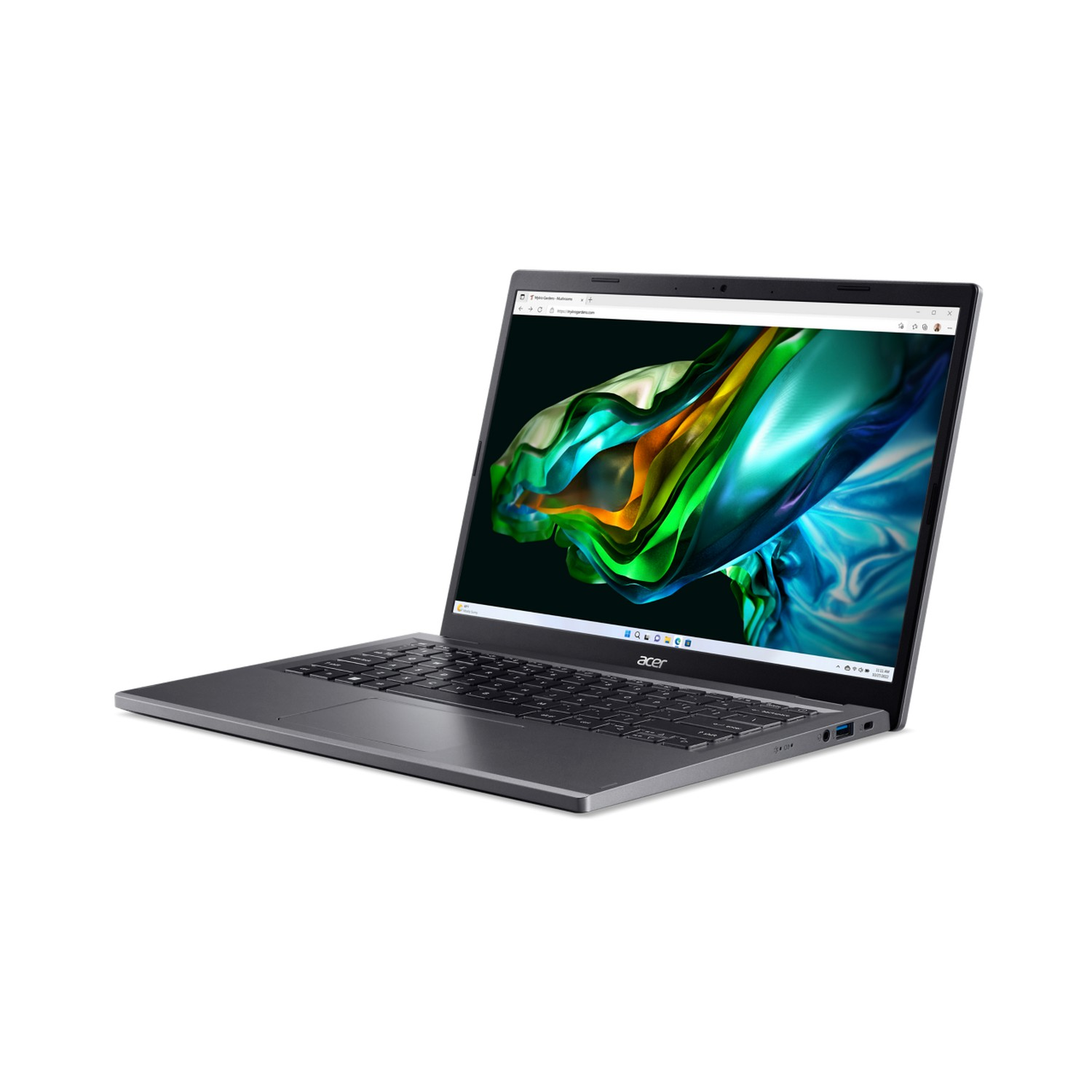 Acer laptop open, angled view. Screen shows website. Gray body, black keyboard. White background.