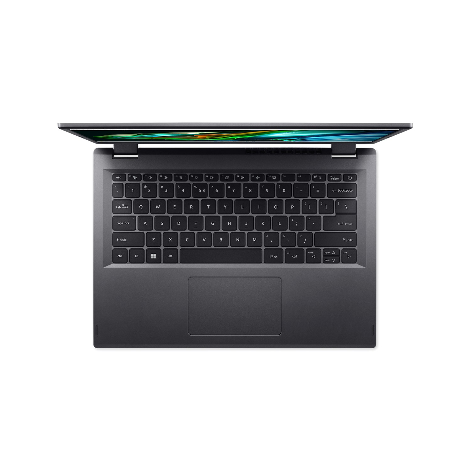 Dark gray laptop, open, showing the keyboard and touchpad.