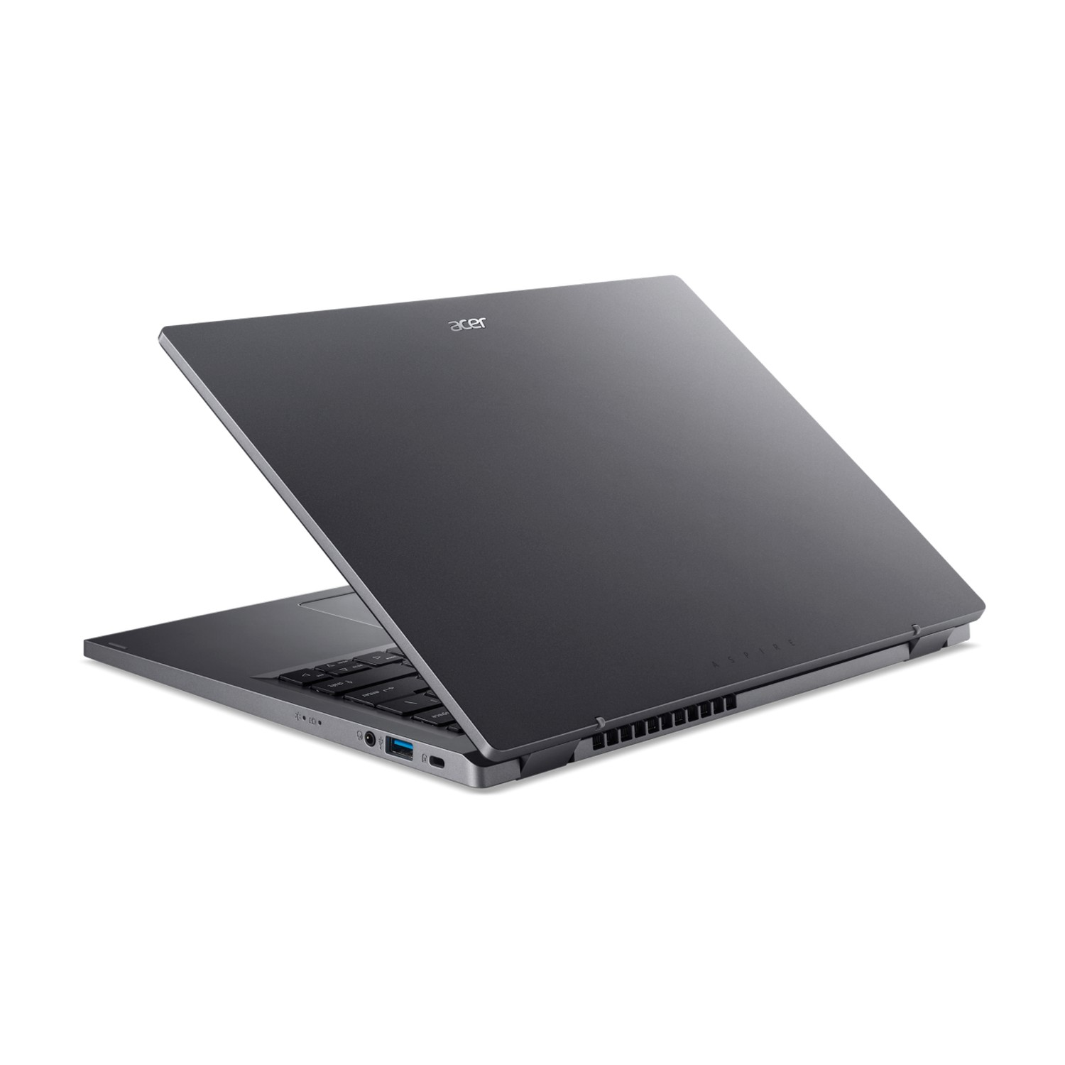 Dark gray laptop, slightly angled. The top is closed. The Acer logo is visible. White background.