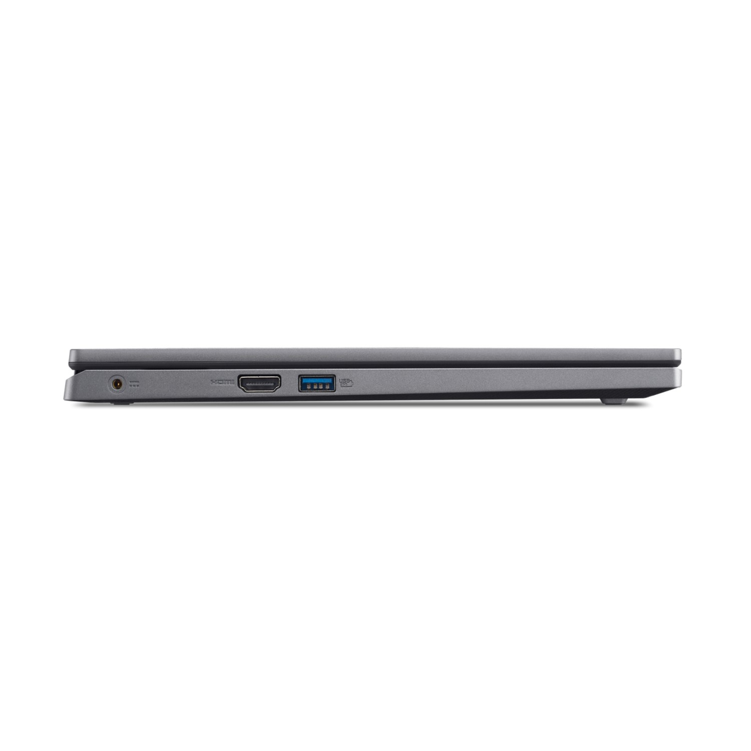 Side view of a grey laptop, showing ports.