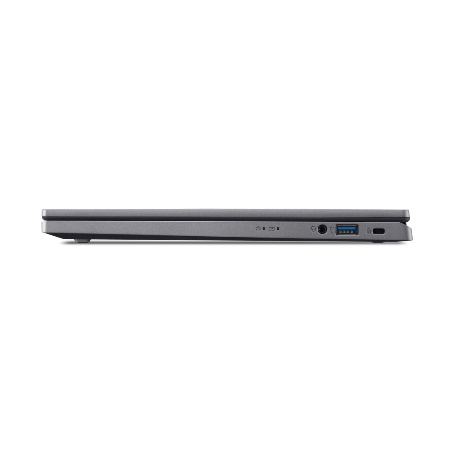 Side view of a gray laptop with its ports and connectors visible against a black background.