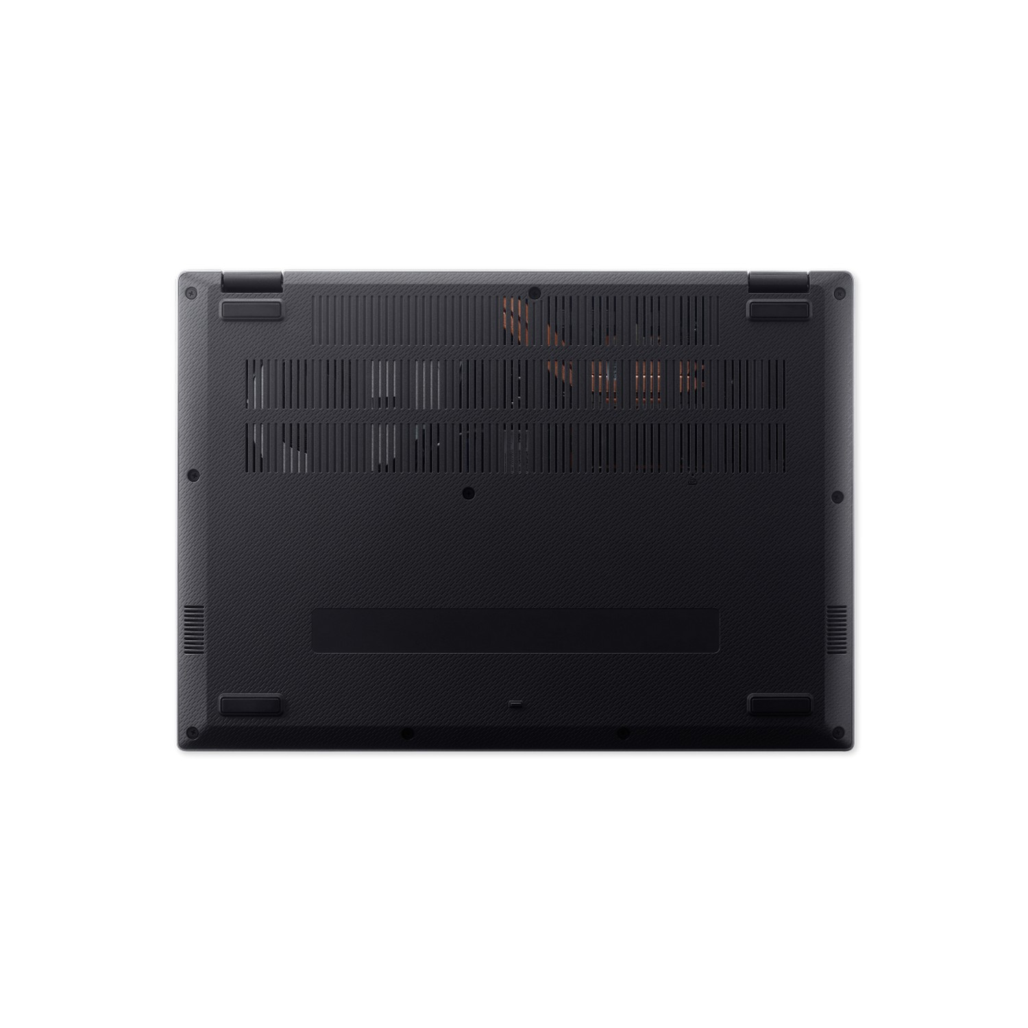 Bottom of a black laptop, with vents, screws, and a textured surface. White background.