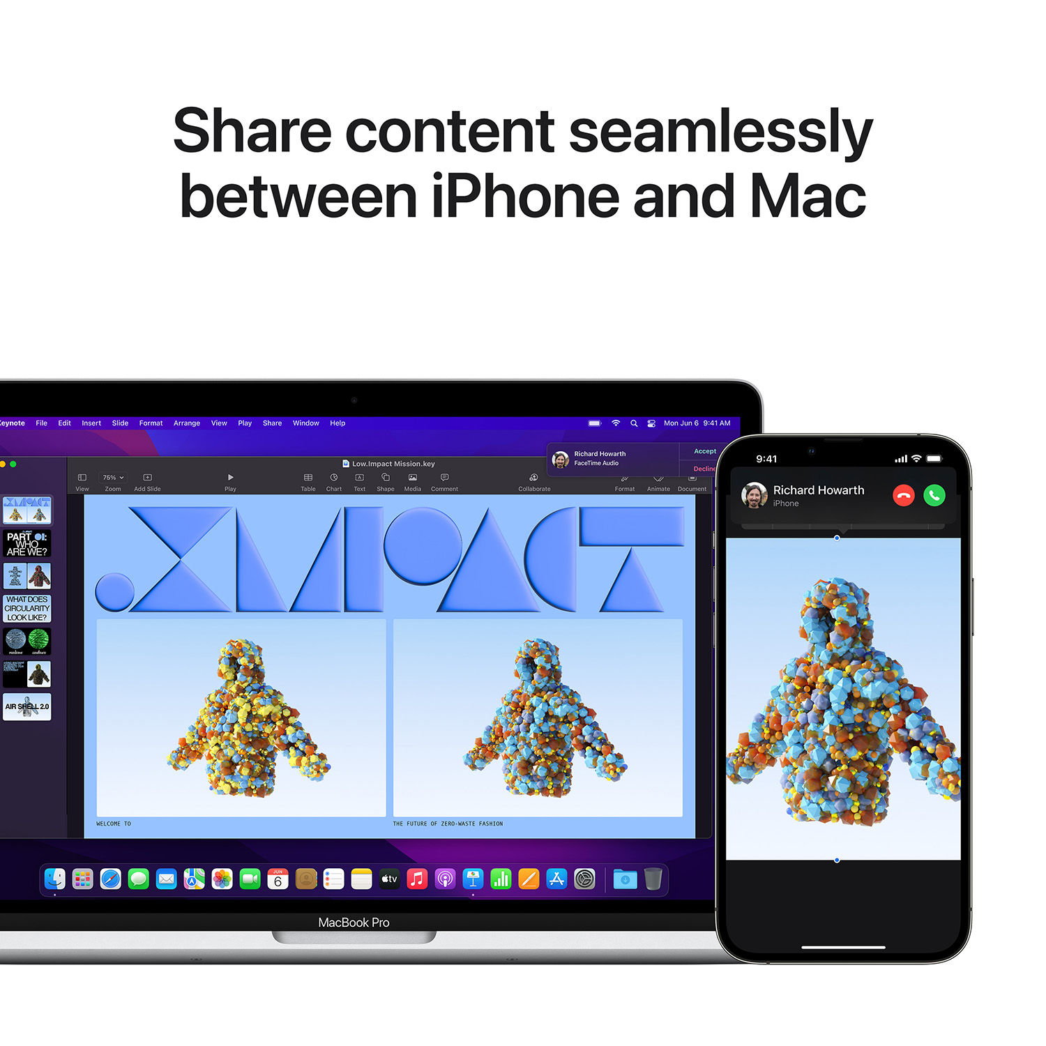 iPhone y MacBook Pro compartiendo contenido, texto blanco arriba.