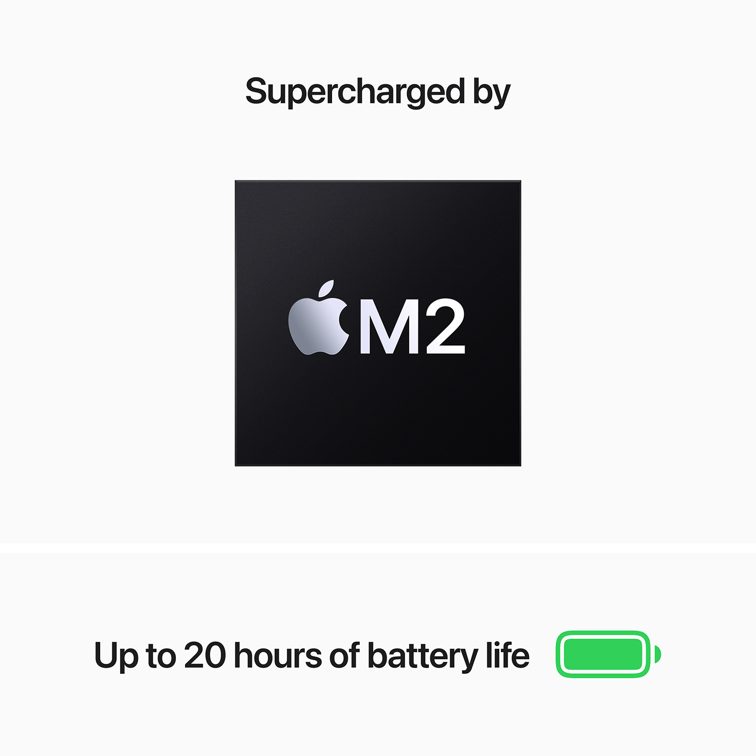 Czarne urządzenie z logo Apple i tekstem M2. Tekst: Supercharged by M2 i Do 20 godzin pracy na baterii.