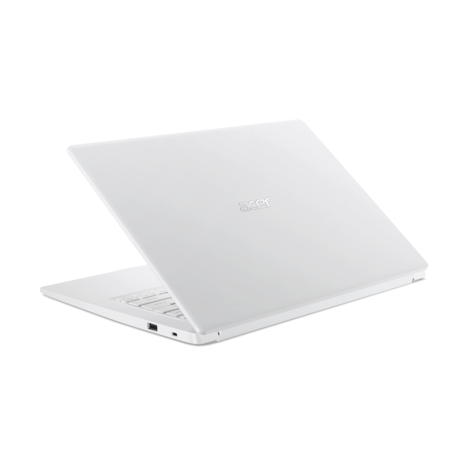 Weißer Laptop, geschlossen und angewinkelt. Acer-Logo ist sichtbar. Schwarzer Hintergrund.