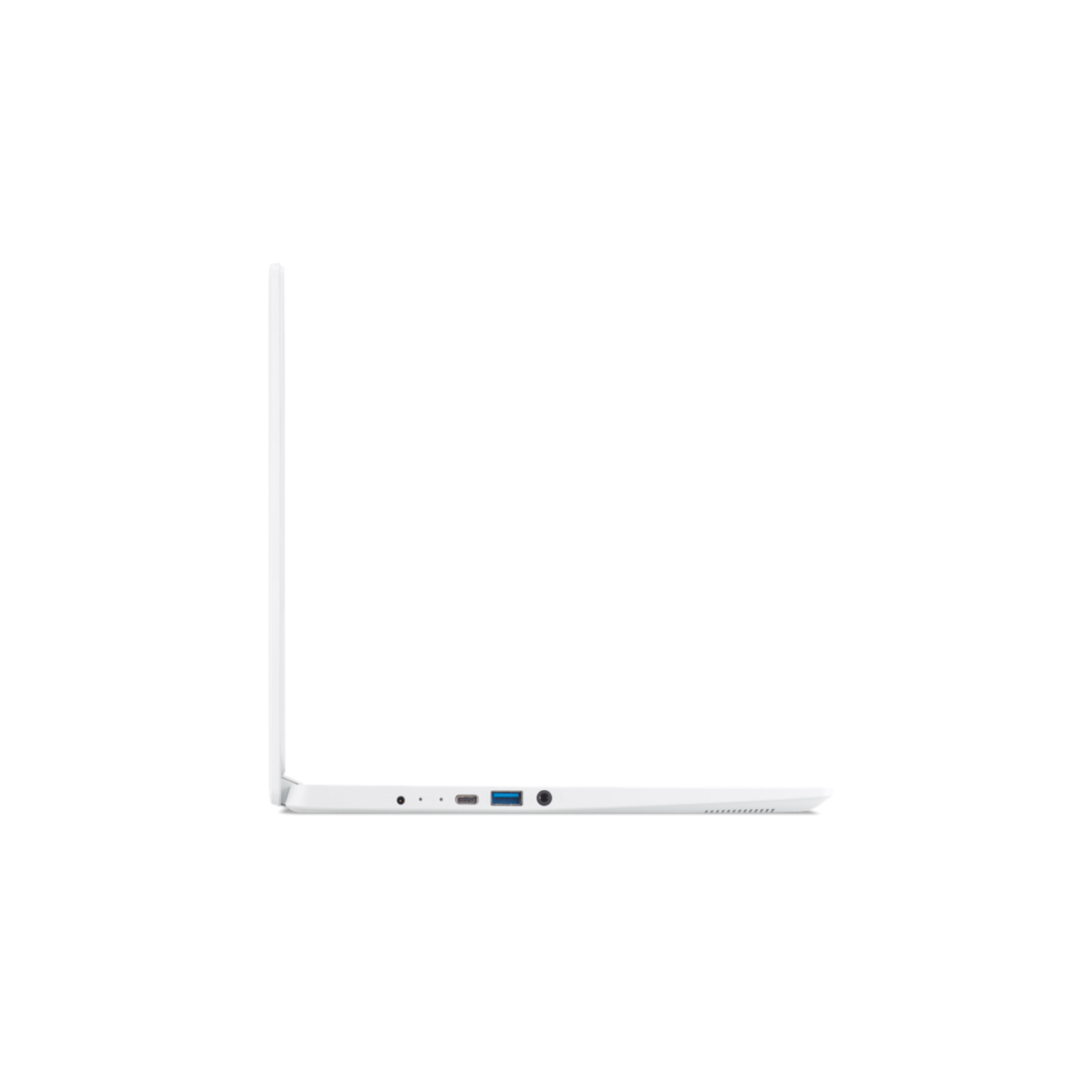 Weißer Laptop von der Seite, schwarzer Hintergrund. Sichtbare Anschlüsse an der Seite.