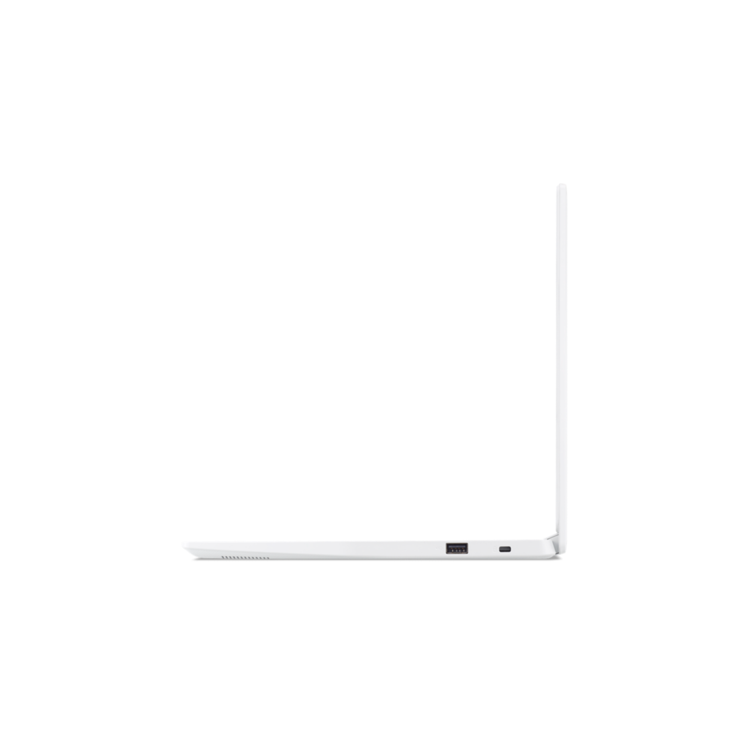 Seitenansicht eines weißen Laptops, Anschlüsse sichtbar. Schwarzer Hintergrund, minimalistisches Design.