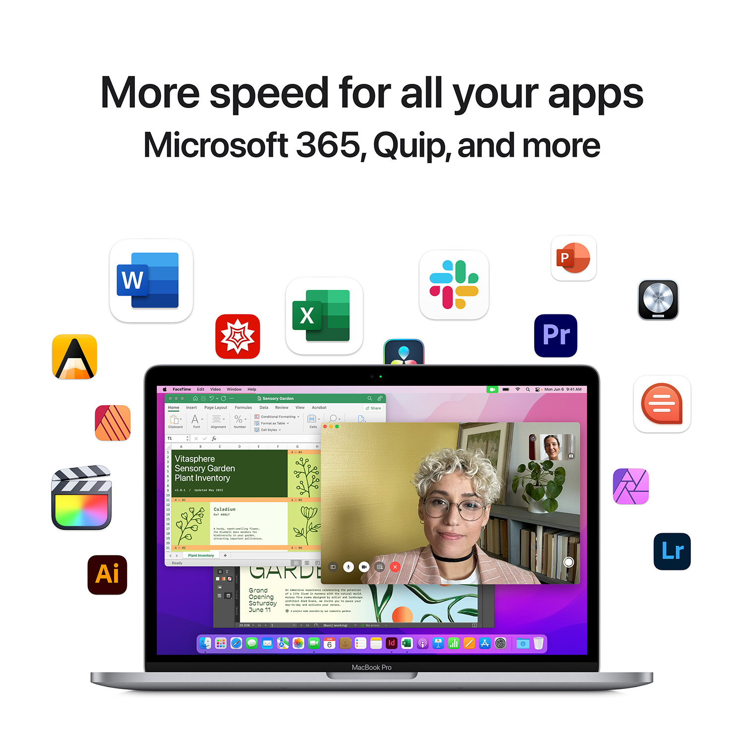 Laptop z ikonami aplikacji i połączeniem wideo. Tekst: 'Większa prędkość dla wszystkich Twoich aplikacji'.