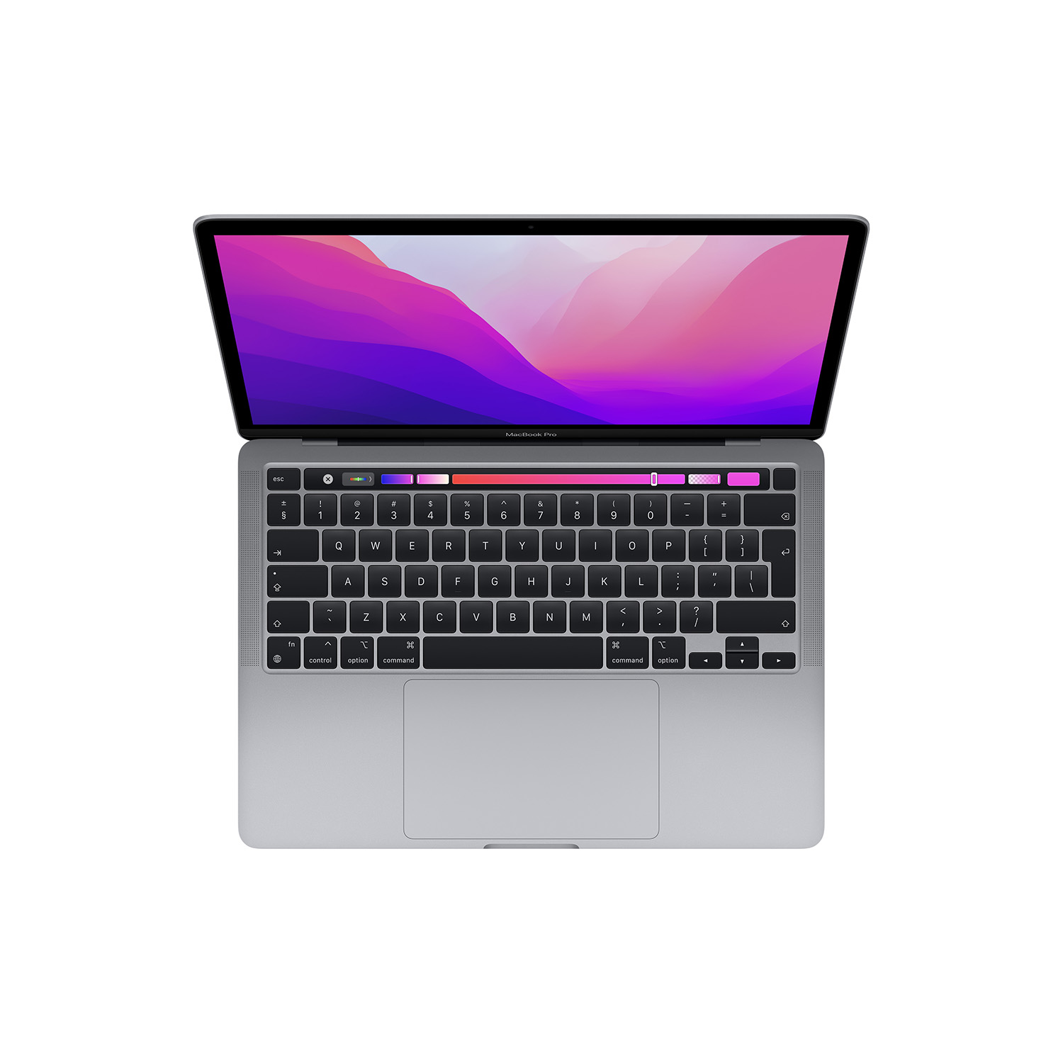 Srebrny laptop z otwartym ekranem, pokazujący kolorowy wyświetlacz. Białe tło. MacBook Pro.