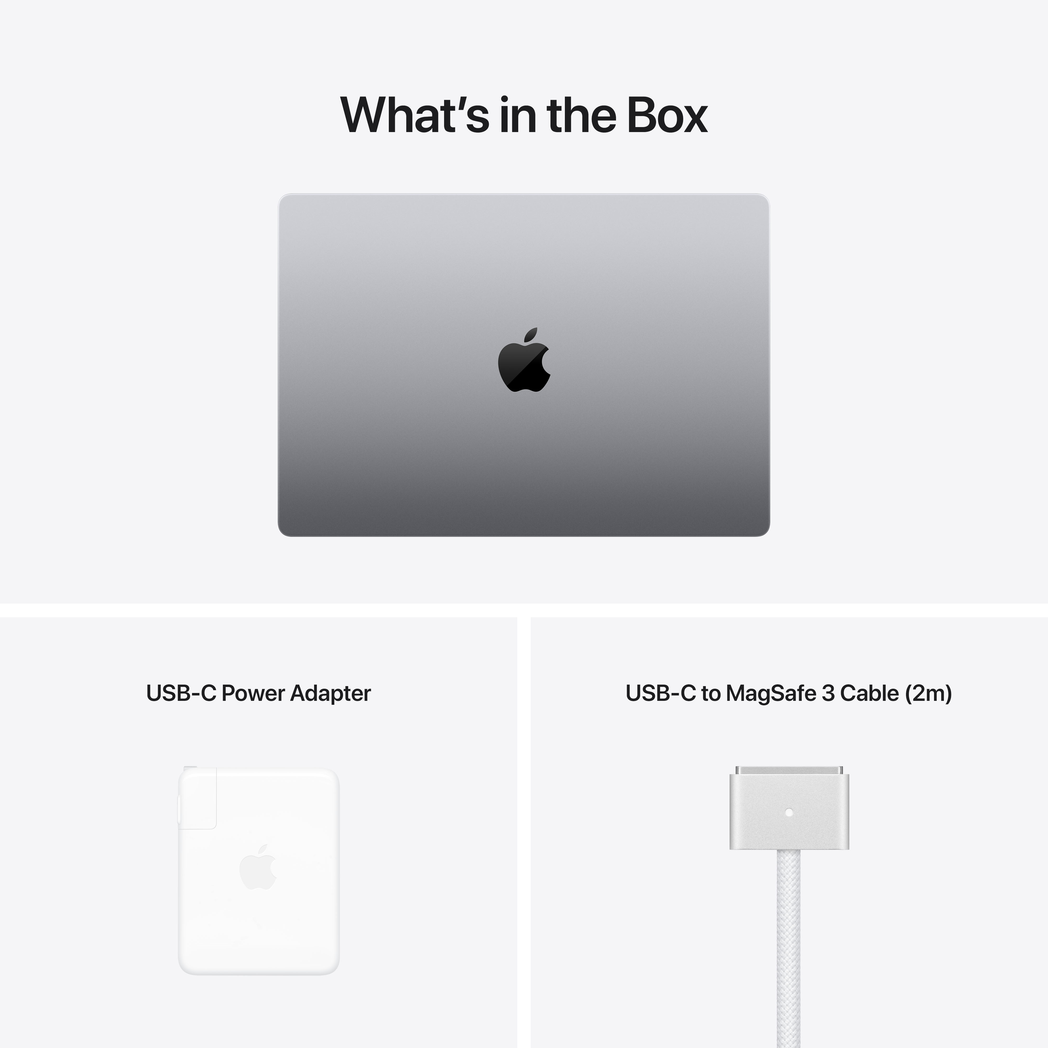 Ein Laptop, ein Netzteil und ein Kabel werden angezeigt, gekennzeichnet als Inhalt der Box.
