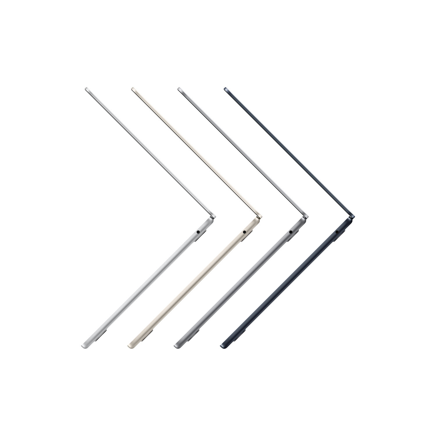 Cztery laptopy pod kątem, różne kolory. Białe tło.