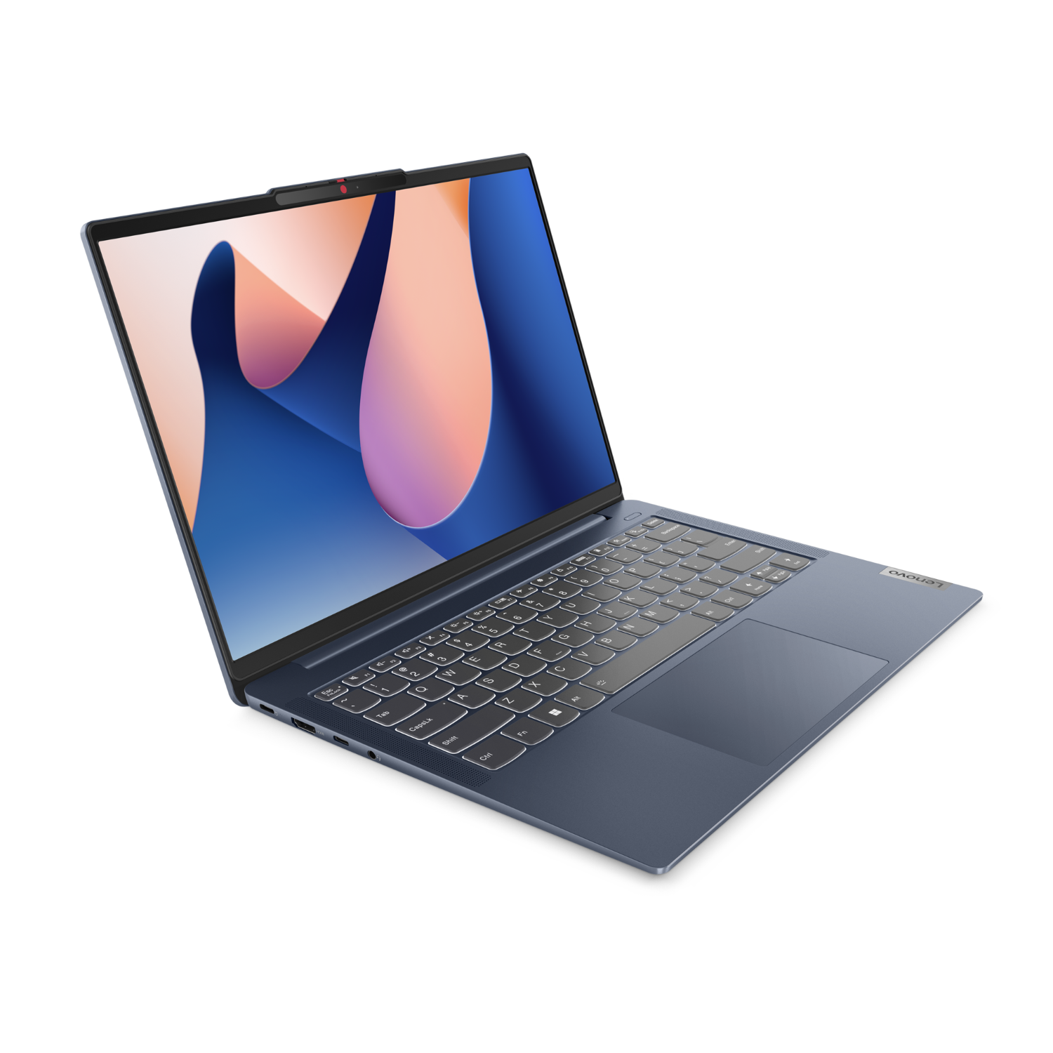 Niebieski laptop otwarty, pokazujący ekran. Widoczne logo Lenovo i klawiatura. Czarne tło.