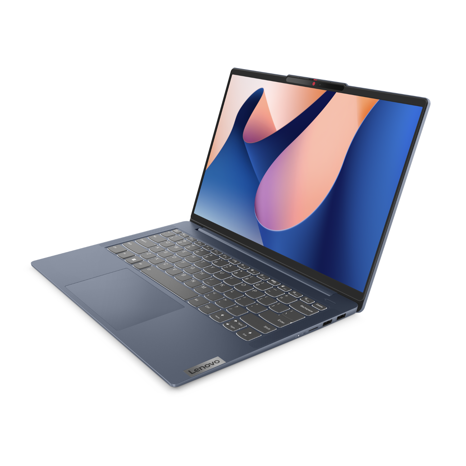Niebieski laptop Lenovo otwarty z kolorowym ekranem na czarnym tle.