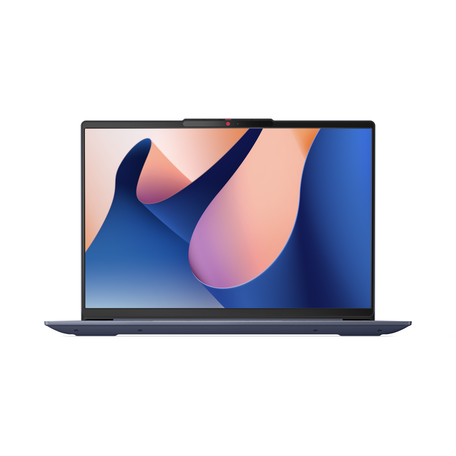 Otwarty niebieski laptop, ekran wyświetla sztukę abstrakcyjną. Na czarnym tle.