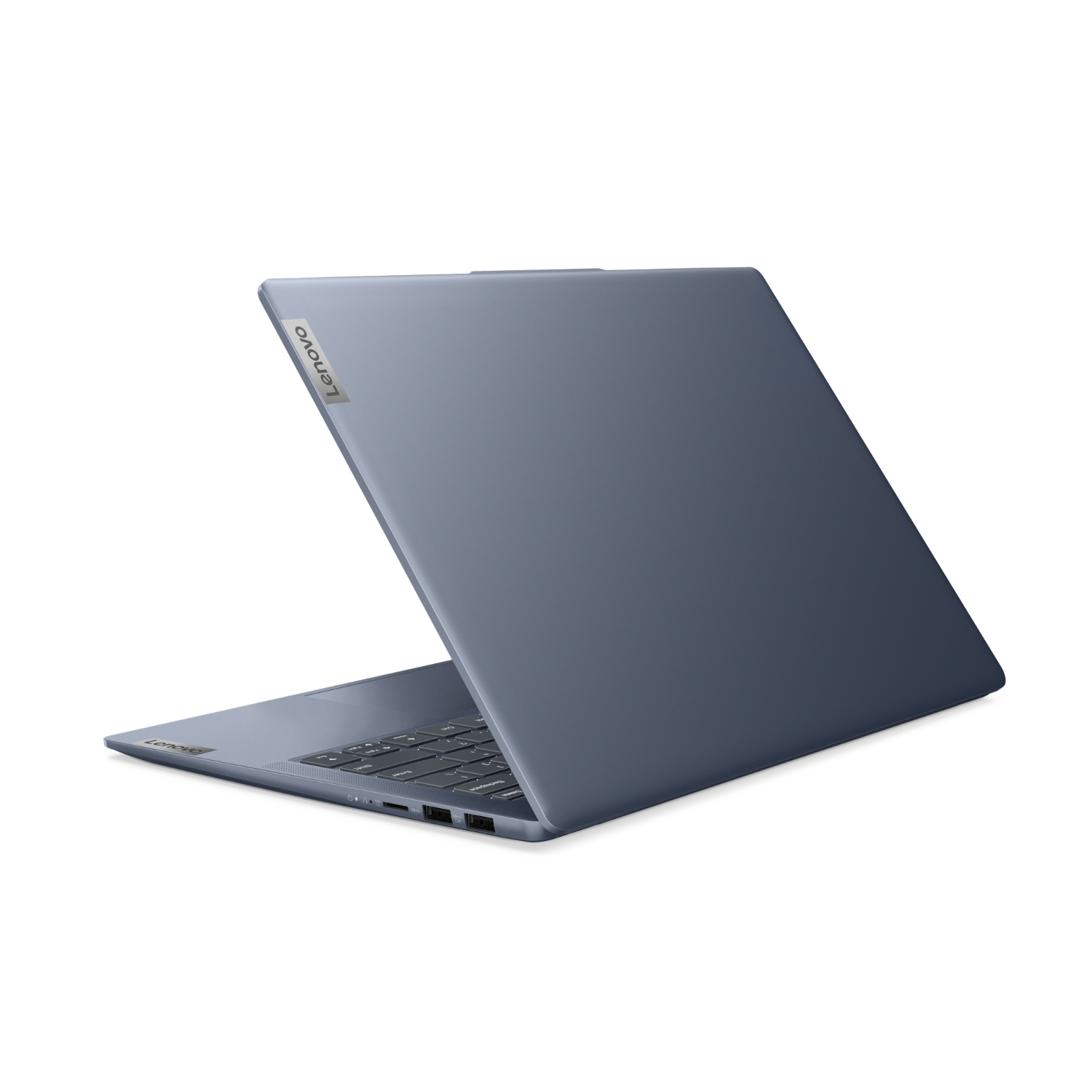 Niebieski laptop z tyłu, lekko otwarty. Widoczne logo Lenovo.