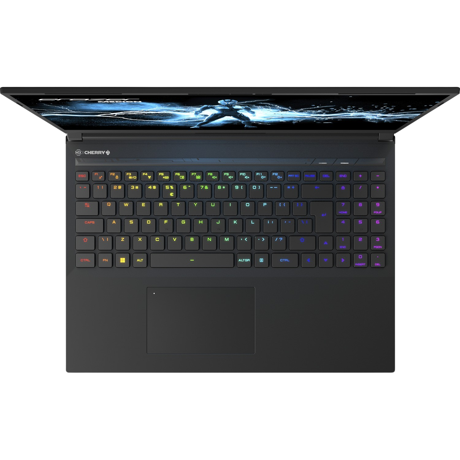 Laptop keyboard, colorful keys. The screen displays a colorful UI. The background is black.