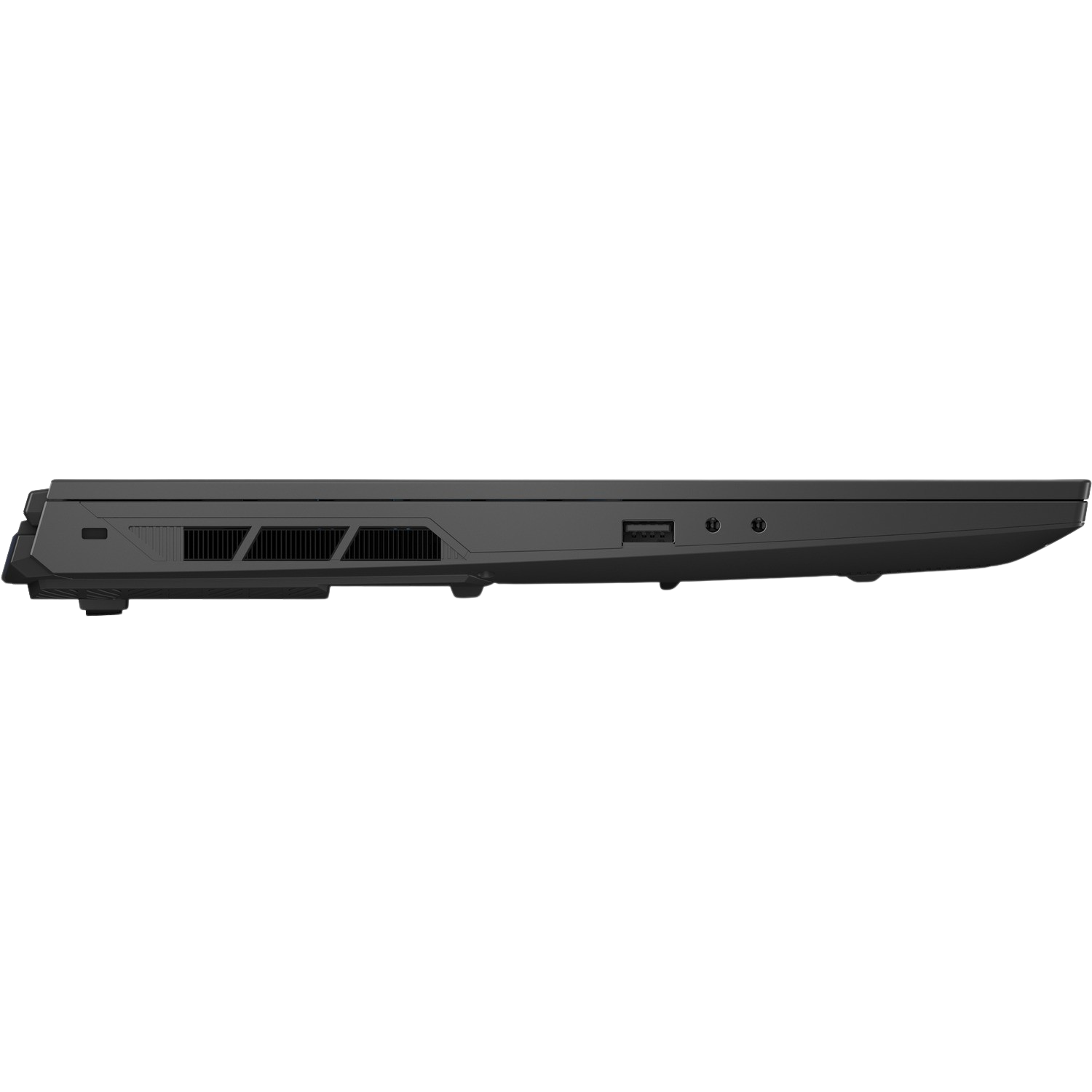 Side view of a black laptop, showing ports and vents.