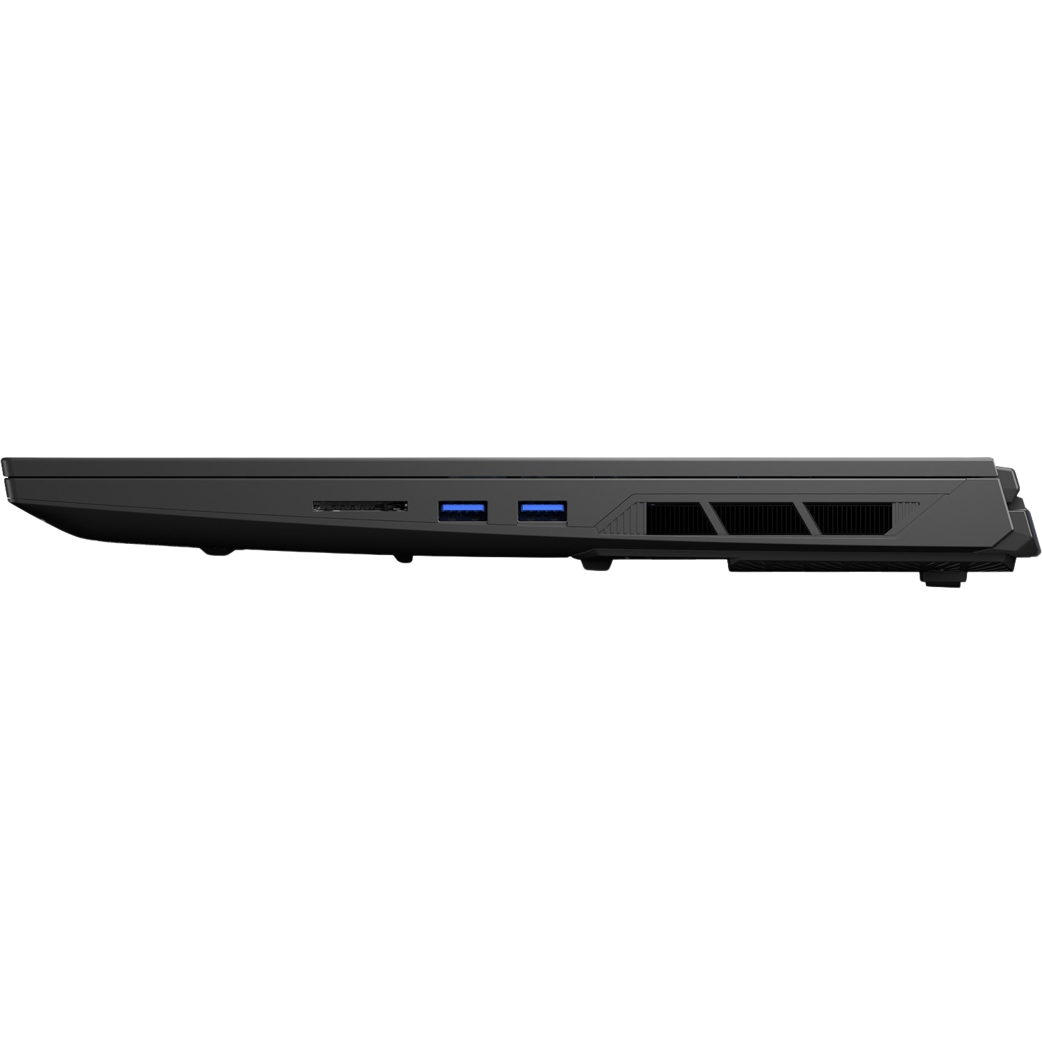 Laptop side profile with ports visible. USB, SD card slot, and cooling vents on a black backdrop.