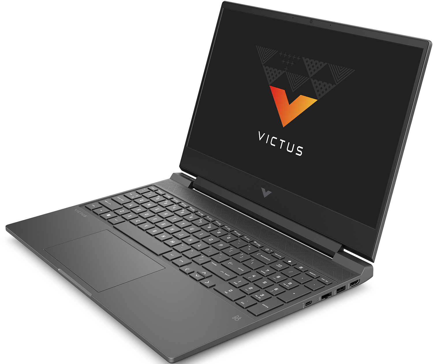 Laptop with open lid. The screen displays the Victus logo. Keyboard and touchpad are visible.