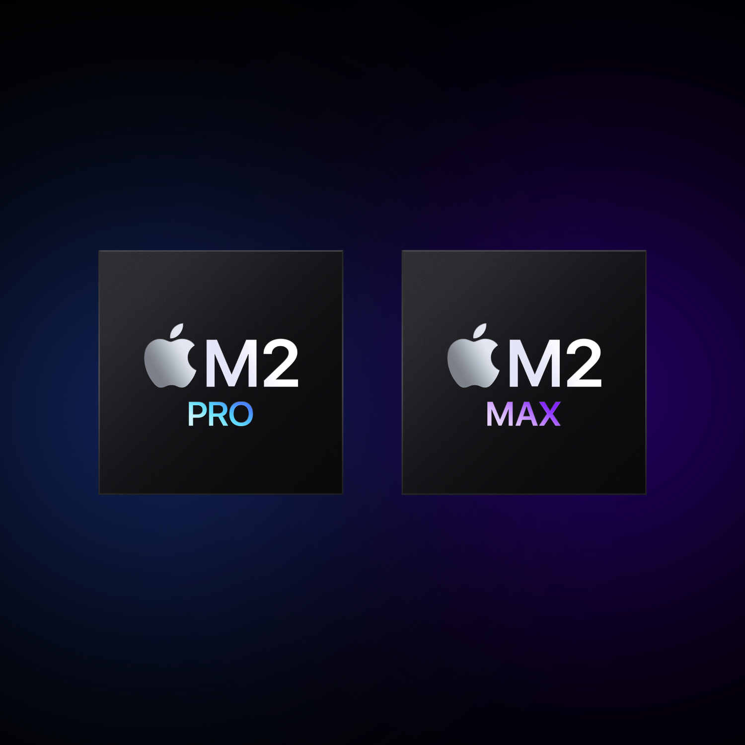 Dwa czarne kwadraty z logo Apple i tekstem 'M2 PRO' i 'M2 MAX' na ciemnoniebiesko-fioletowym gradiencie.