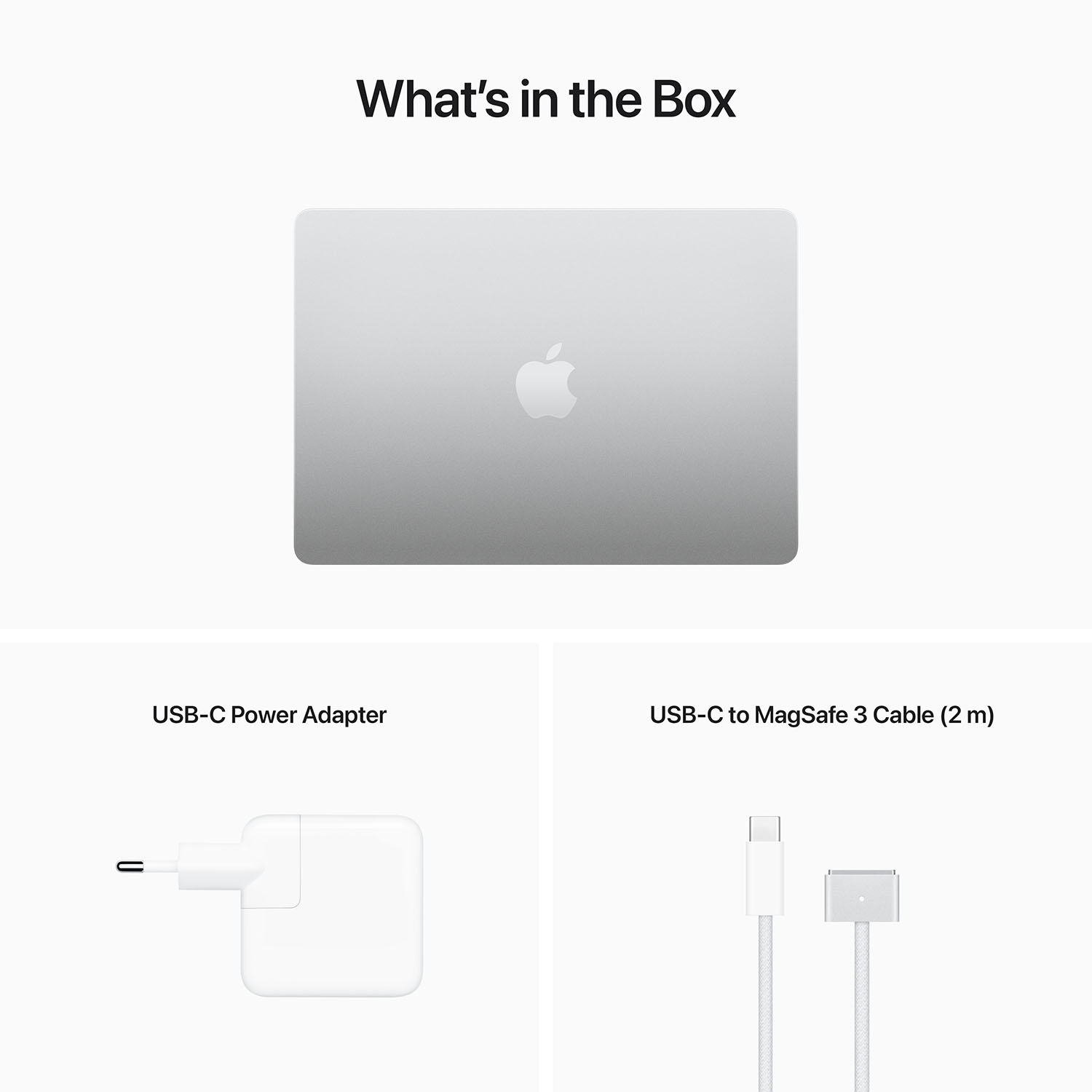 Laptop, USB-C-Netzteil und USB-C-zu-MagSafe-3-Kabel, vor weißem Hintergrund.