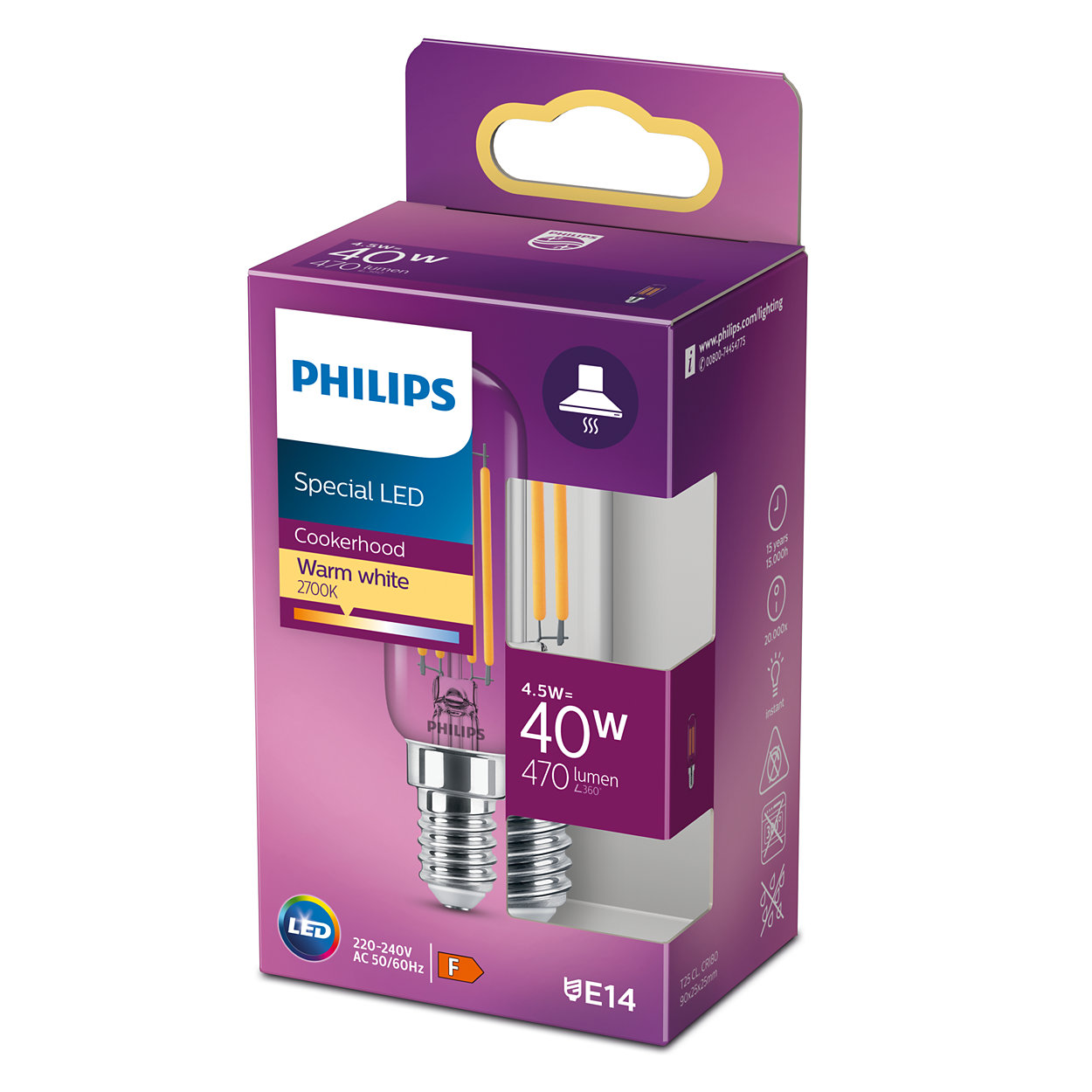 Eine Philips Glühbirne in einer Schachtel. Die Schachtel ist lila und weiß.
