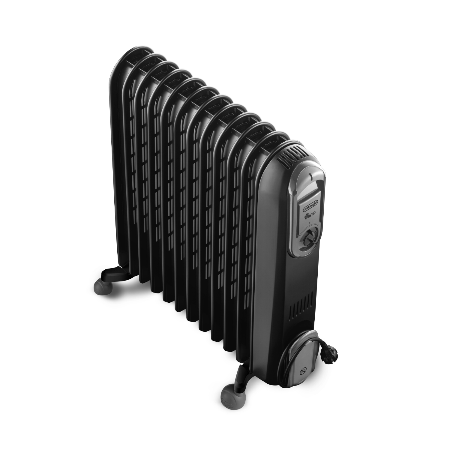 Zwarte olievulradiator met vinnen en bediening.