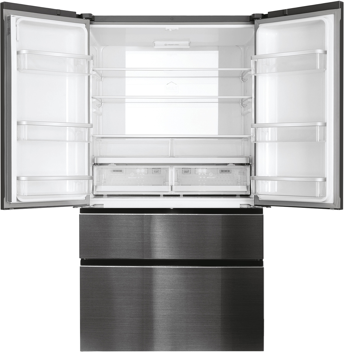 Refrigerador negro abierto con múltiples estantes, cajones y puertas.
