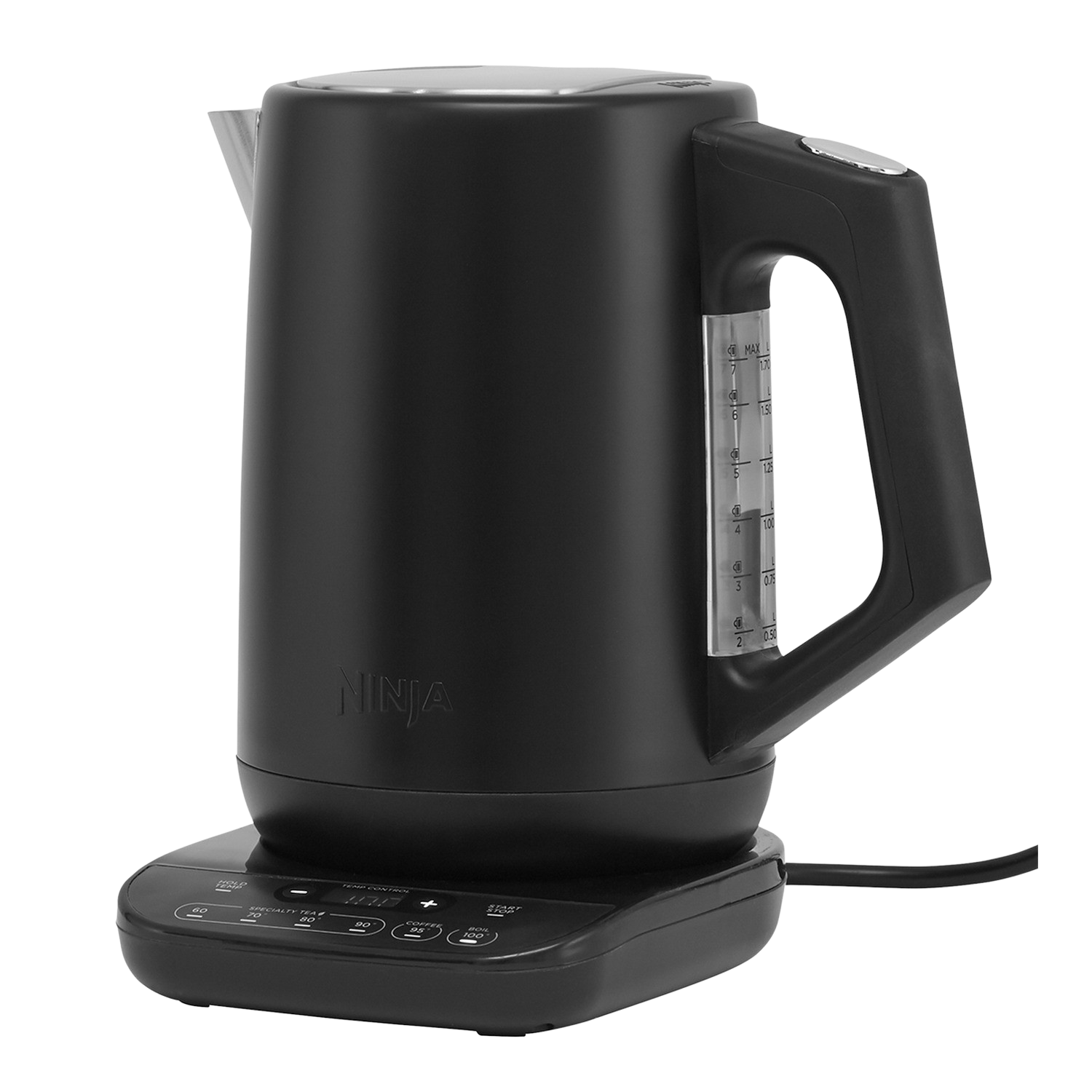 Czarny czajnik elektryczny Ninja na czarnej podstawie. Przezroczysty wskaźnik poziomu wody z boku.