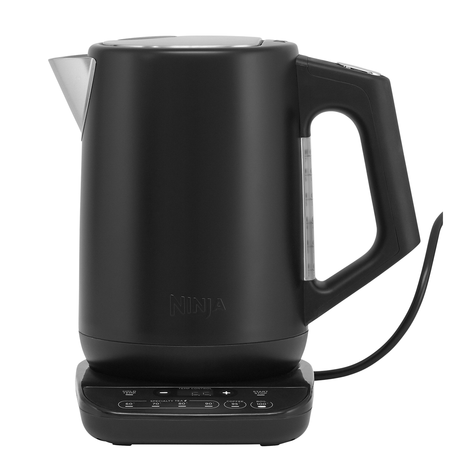 Czarny czajnik elektryczny Ninja na czarnej podstawie z przyciskami, odizolowany na białym tle.