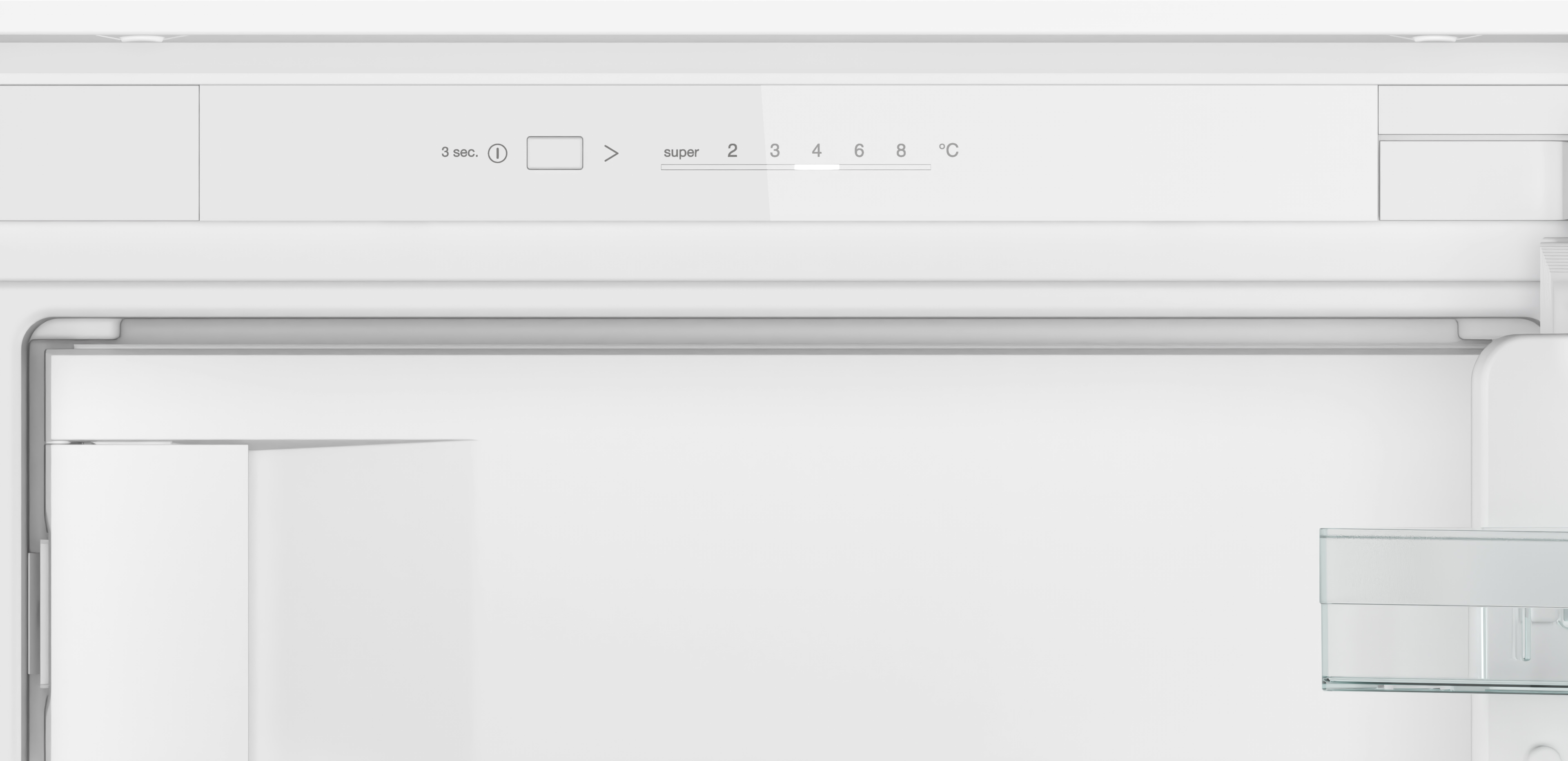 Close-up of a refrigerator control panel. Settings include temperature and a super mode.
