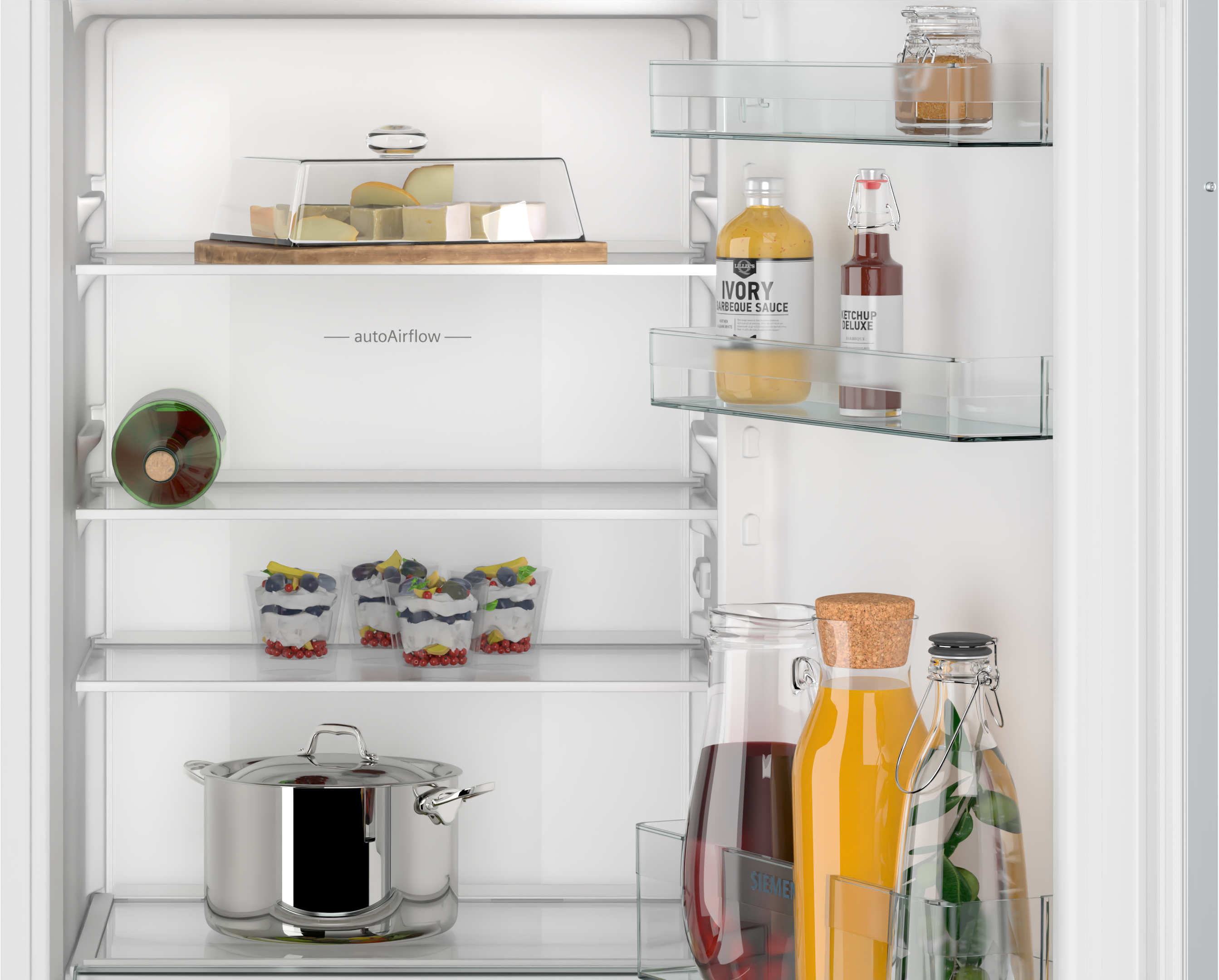 Refrigerator interior. Cheese, sauces, and juice bottles on shelves. White background.