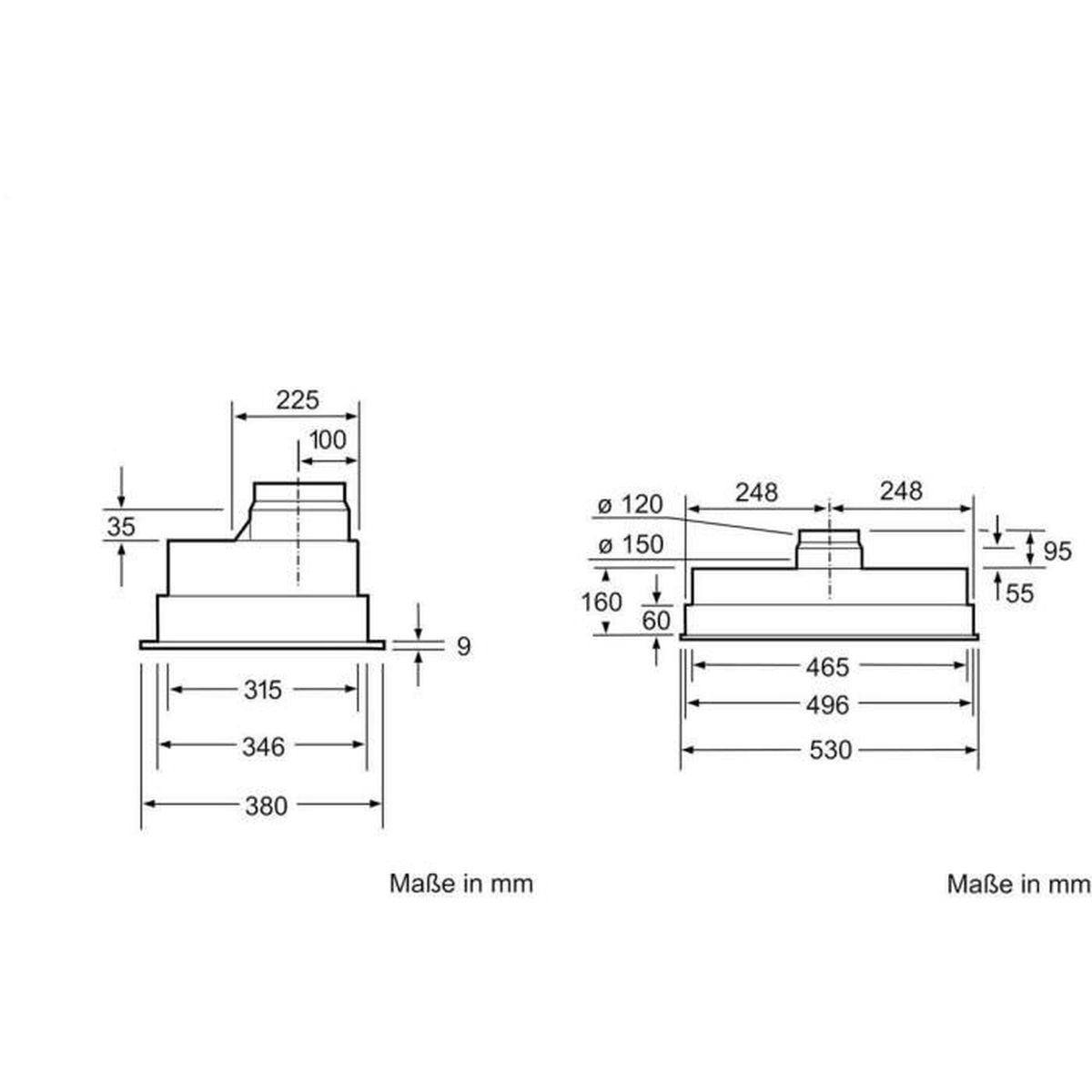 Rysunek techniczny okapu kuchennego. Wymiary, w tym długość, szerokość i wysokość, są podane w milimetrach.